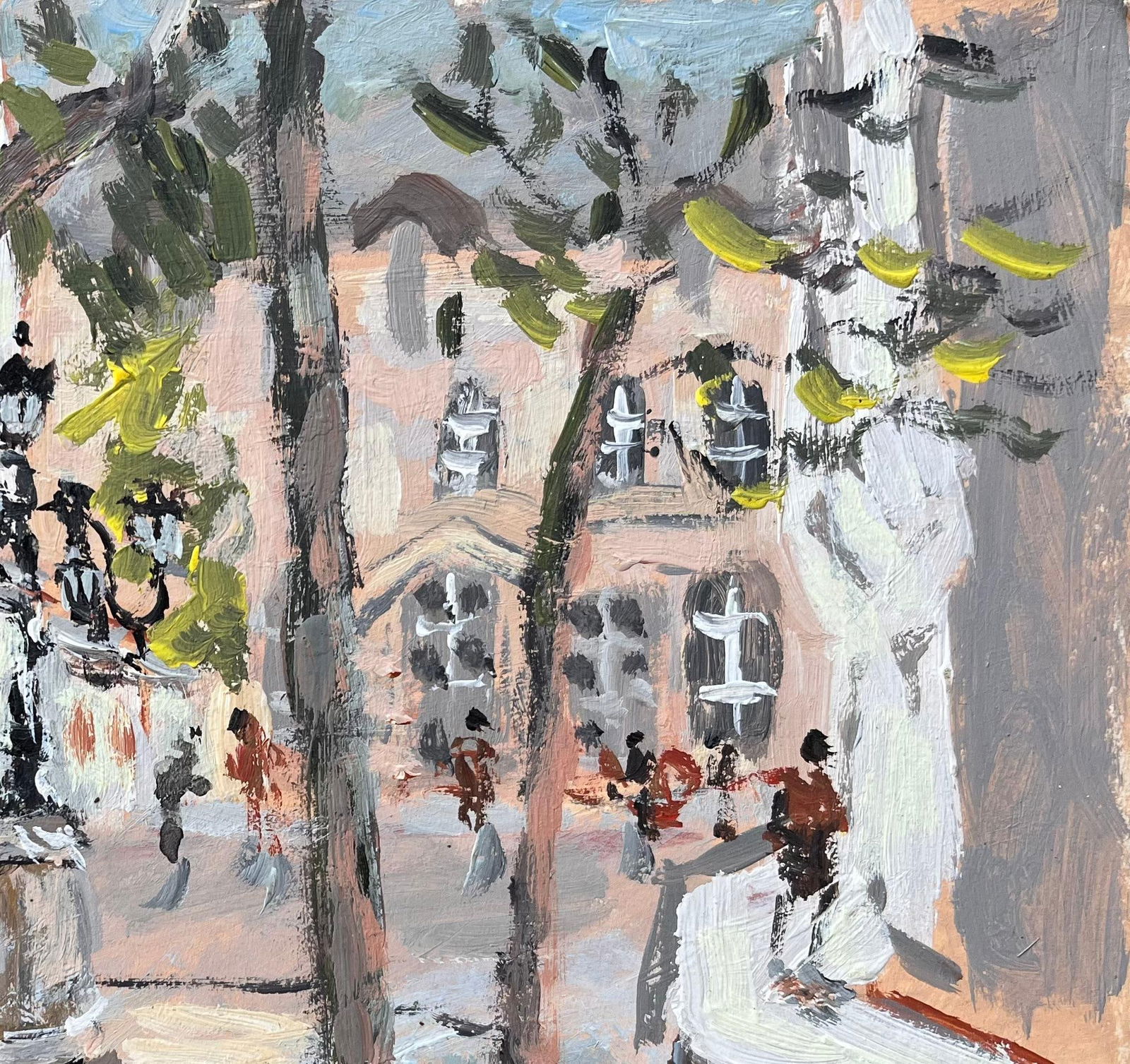 Fanch Lel; Impressionist Tree Lined Parisian Square with Pedestrians and Historic Facades - 3
