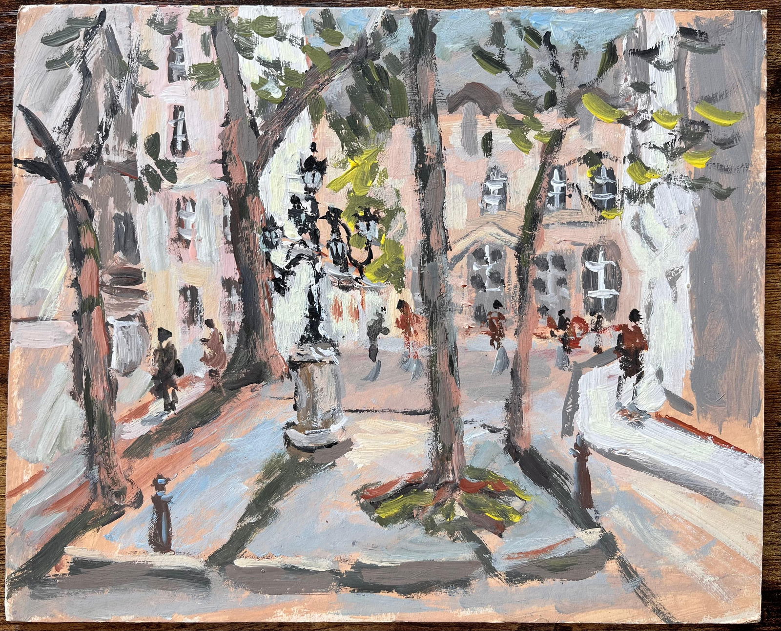 Fanch Lel; Impressionist Tree Lined Parisian Square with Pedestrians and Historic Facades - 8