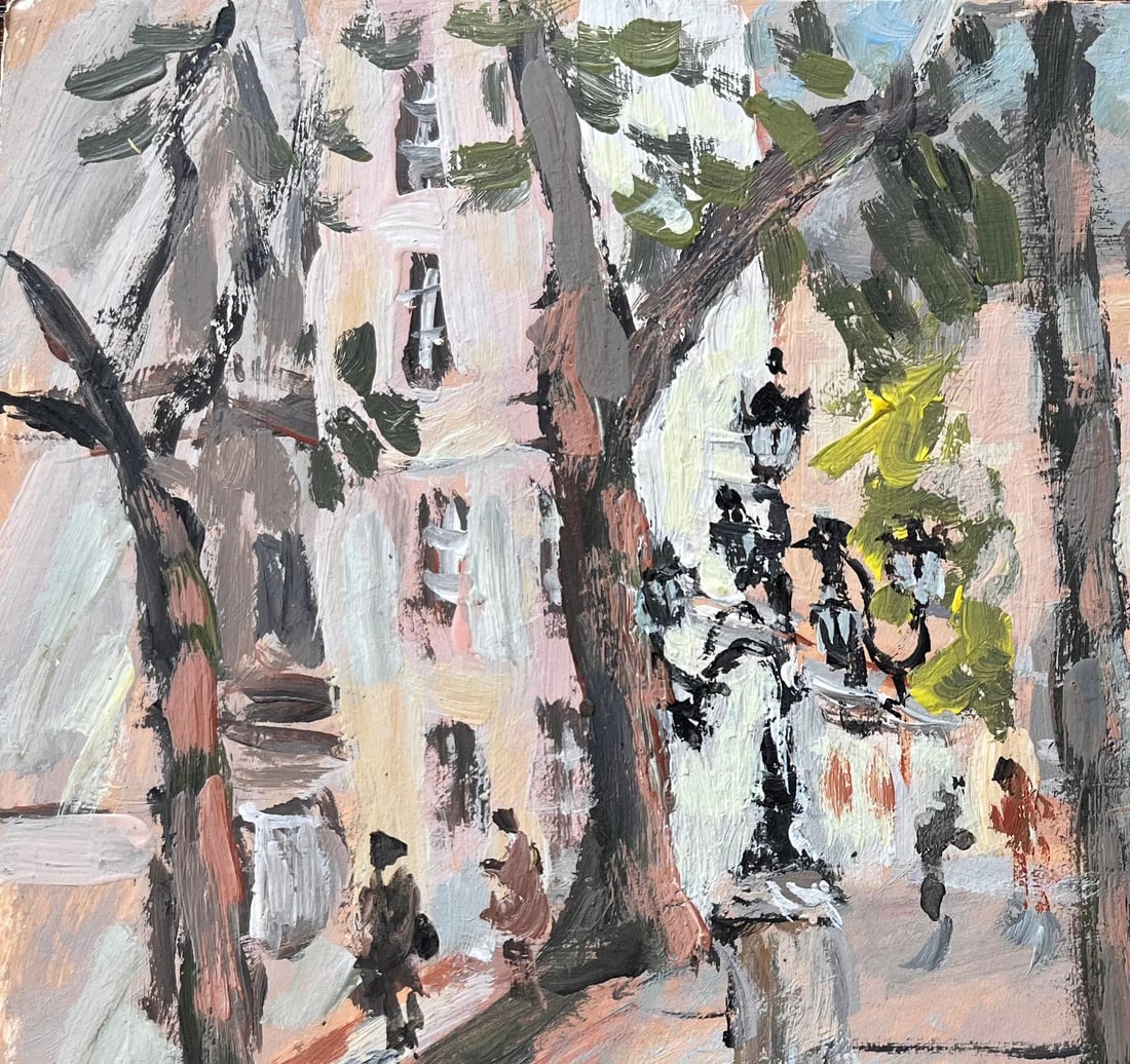 Fanch Lel; Impressionist Tree Lined Parisian Square with Pedestrians and Historic Facades - 9