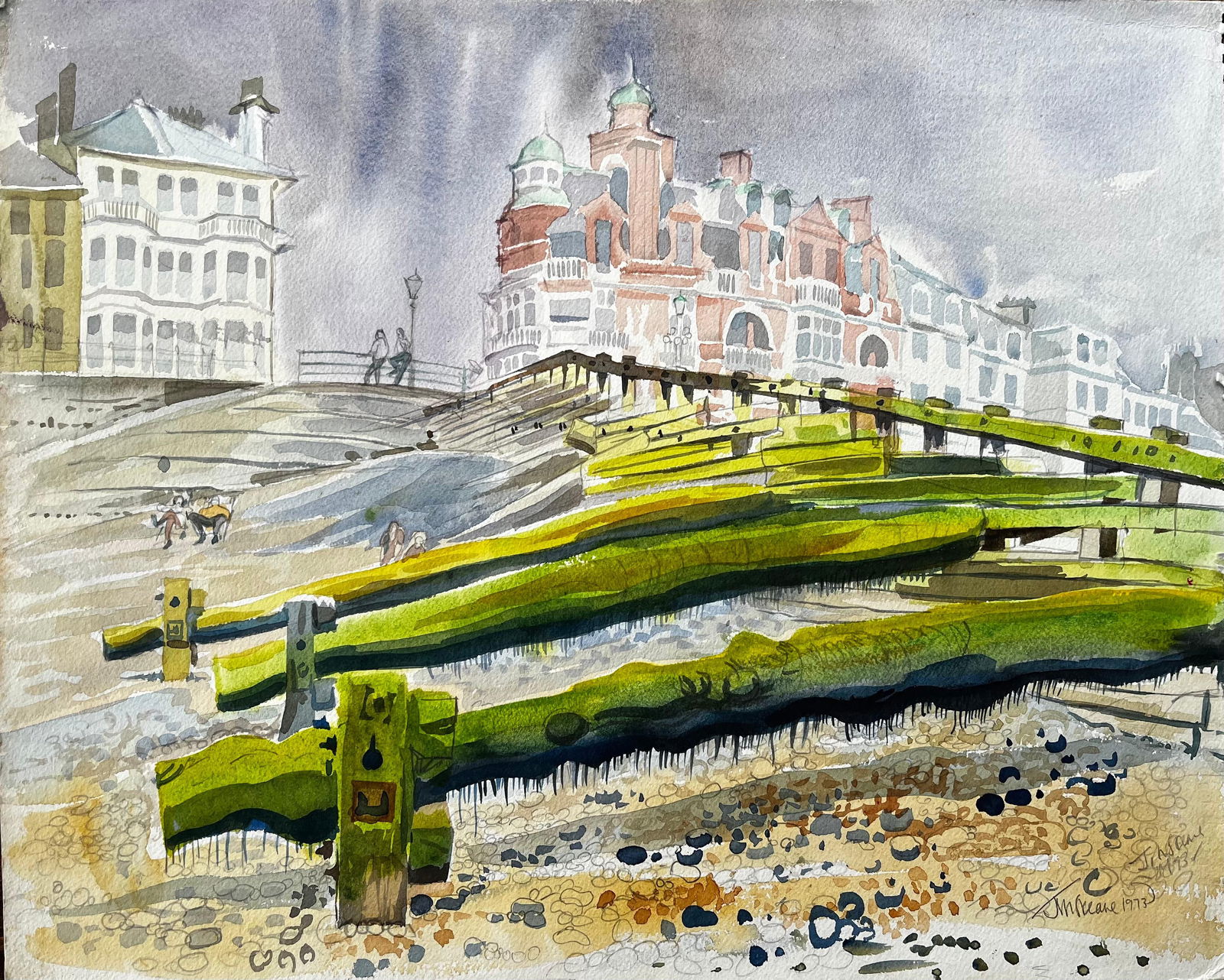 John Steane (b.1931); Worthing Seafront View with Pier Groynes and Promenade Architecture 1973, 1973 - 4