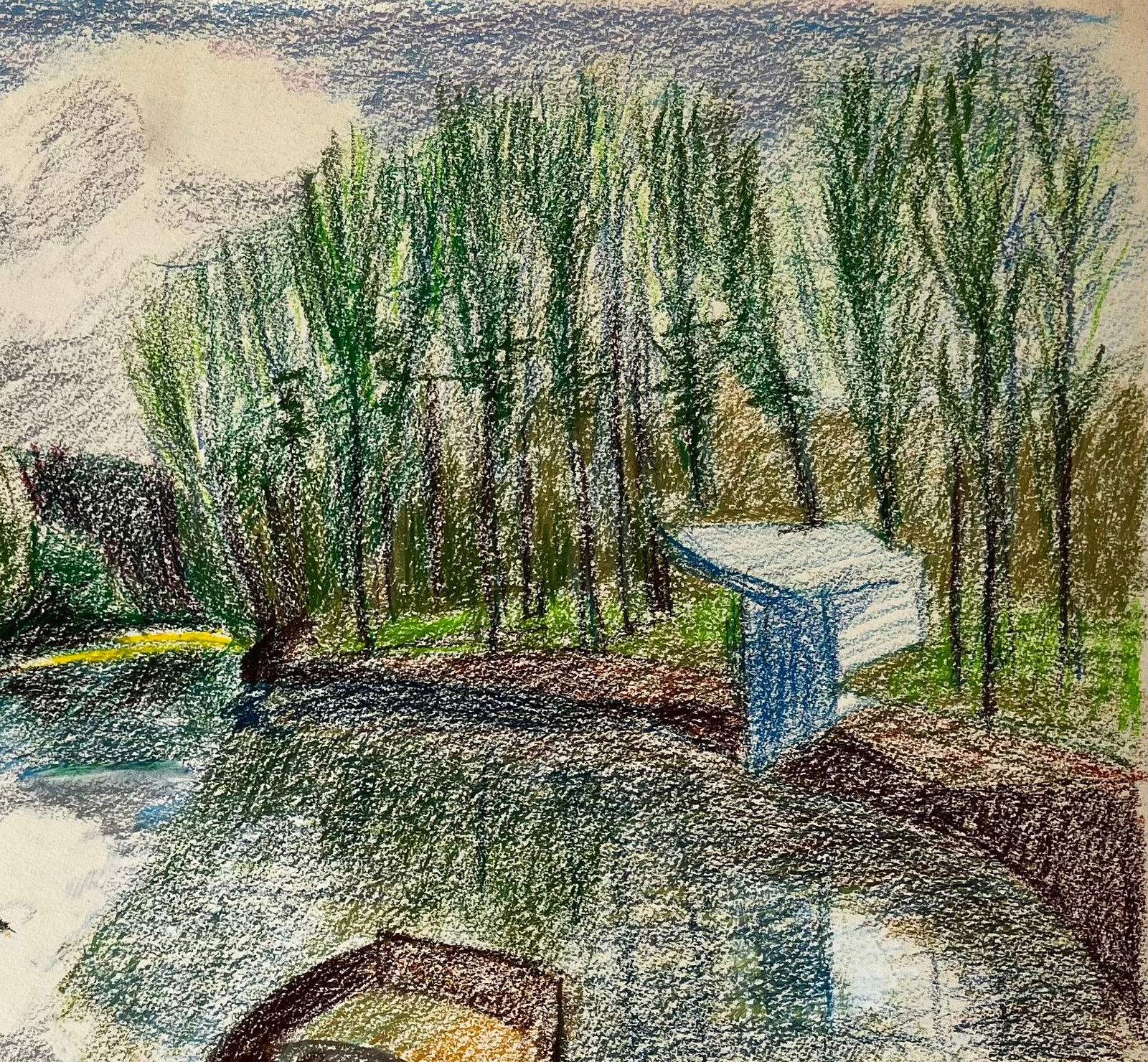Guy Nicod; French Riverbank Scene with Rowboats Trees and Reflections Pastel Drawing - 7
