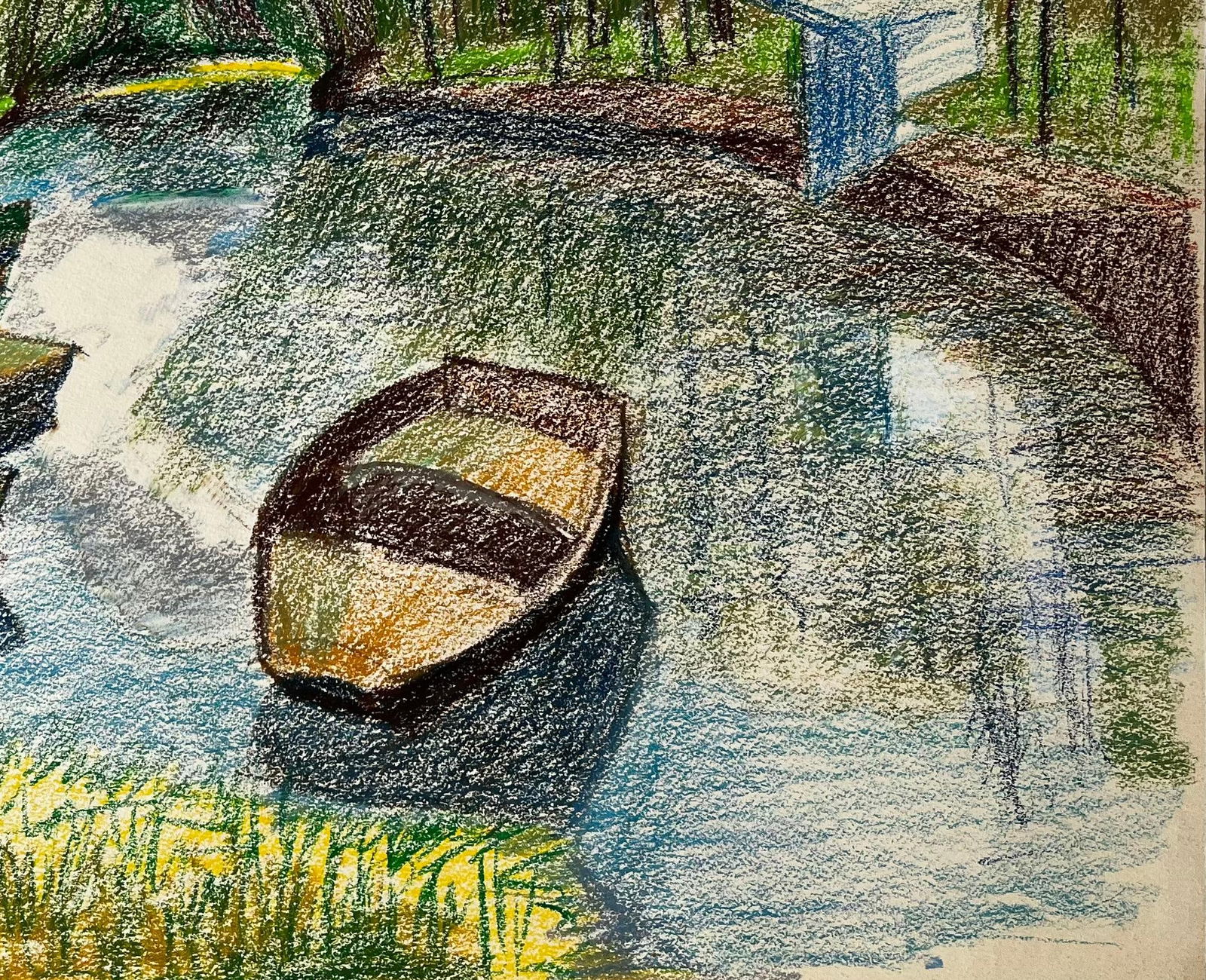 Guy Nicod; French Riverbank Scene with Rowboats Trees and Reflections Pastel Drawing - 9