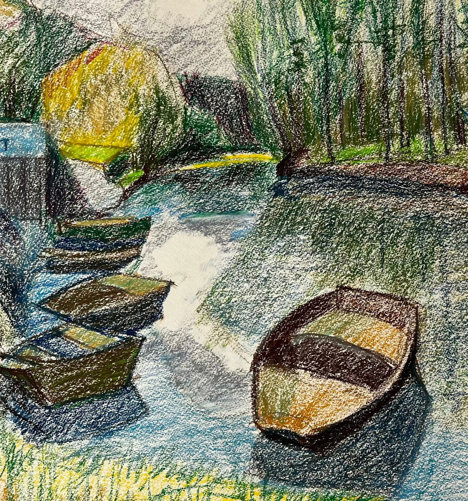 Guy Nicod; French Riverbank Scene with Rowboats Trees and Reflections Pastel Drawing - 10