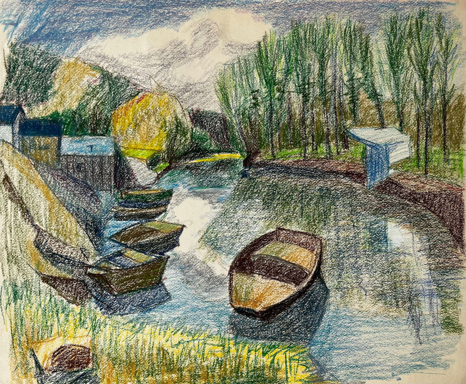 Guy Nicod; French Riverbank Scene with Rowboats Trees and Reflections Pastel Drawing (1 of 14)