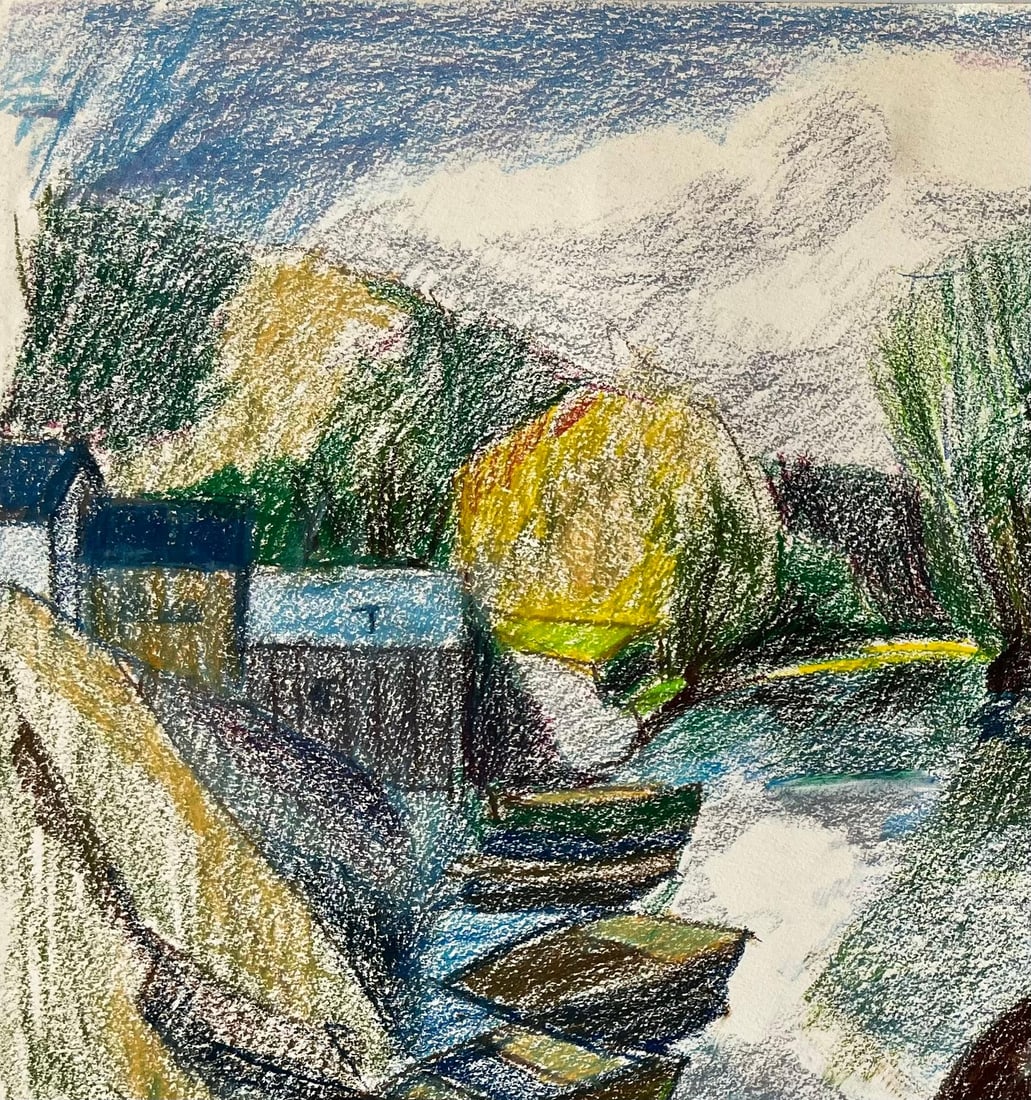 Guy Nicod; French Riverbank Scene with Rowboats Trees and Reflections Pastel Drawing - 6