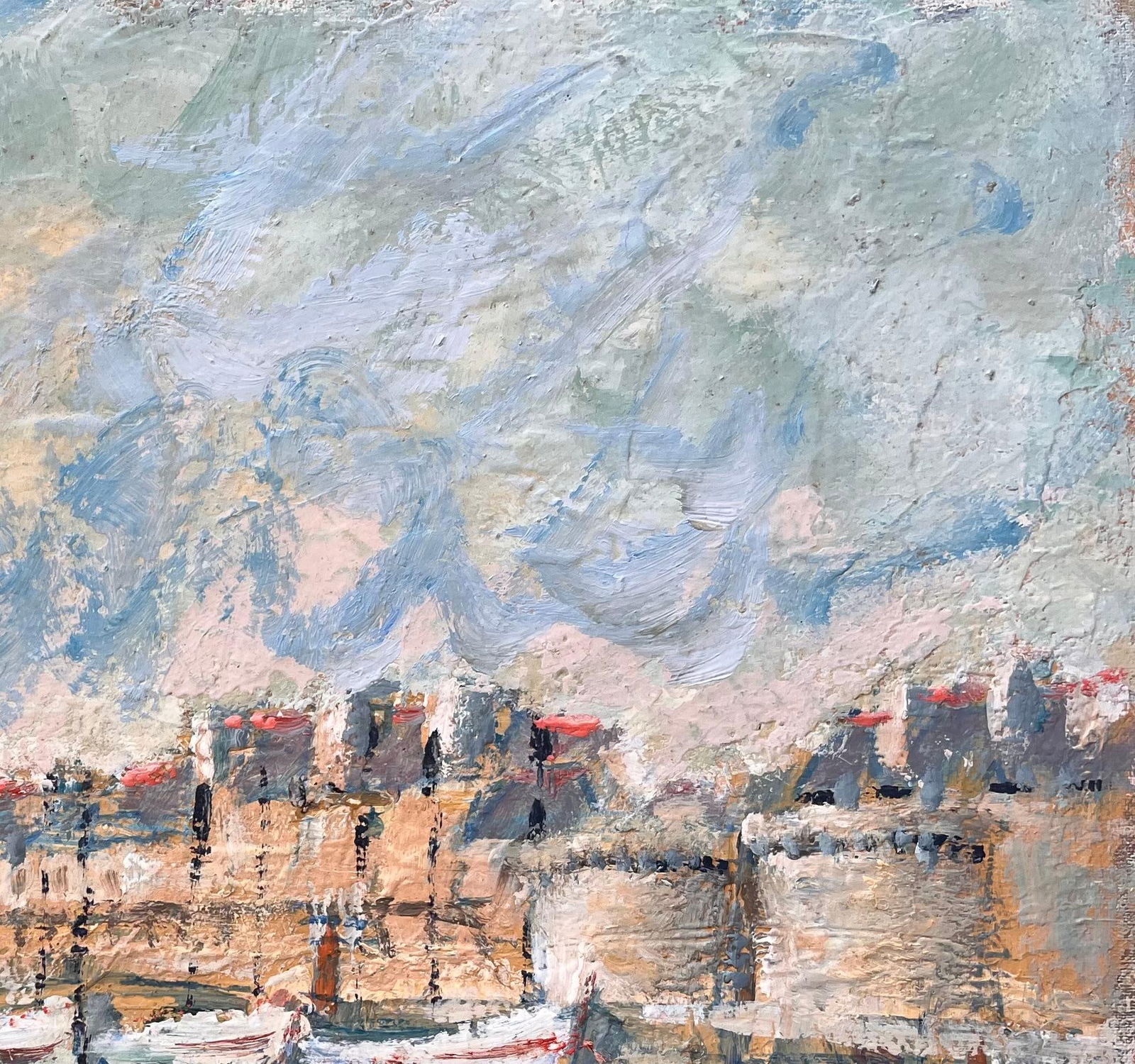 Fanch Lel; French Coastal Oil Painting of Moored Boats and Walled Seaside Town in Pastels - 7