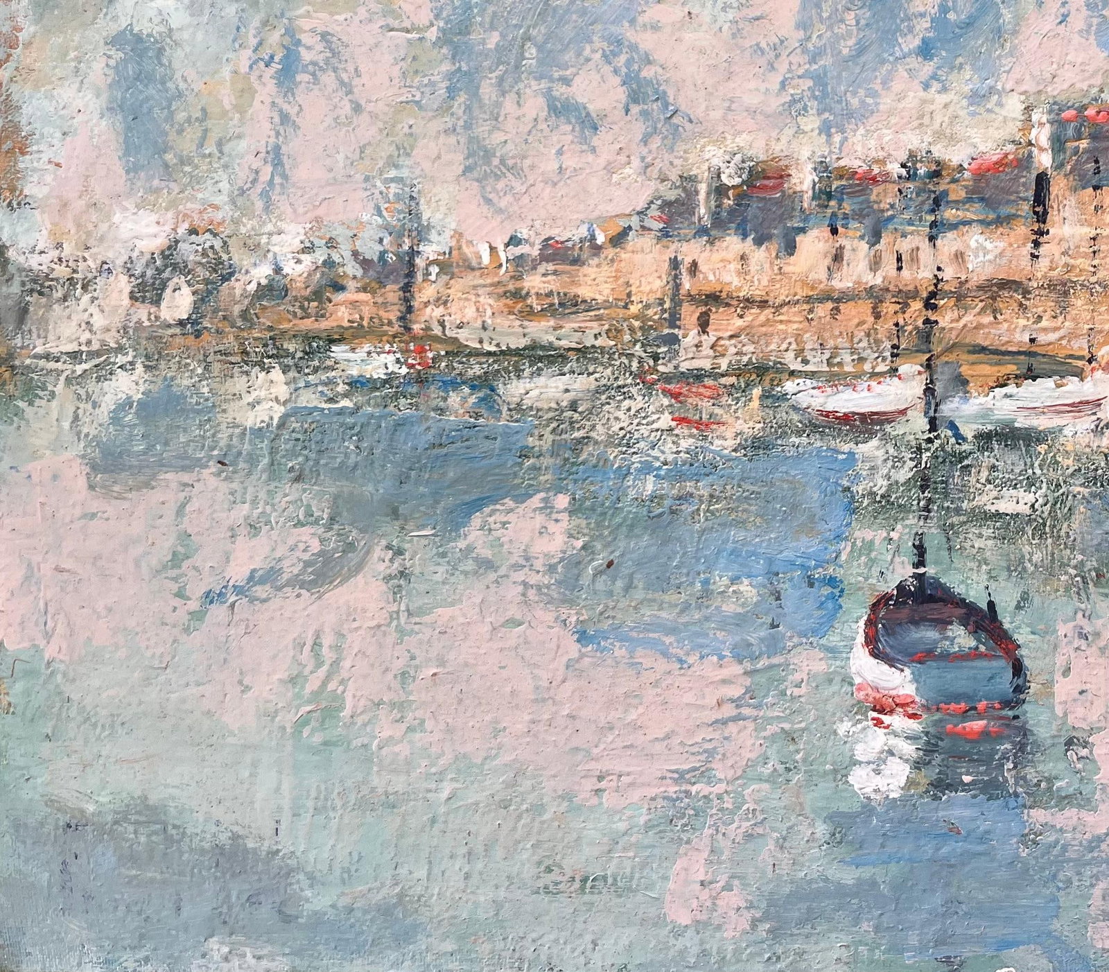 Fanch Lel; French Coastal Oil Painting of Moored Boats and Walled Seaside Town in Pastels - 8