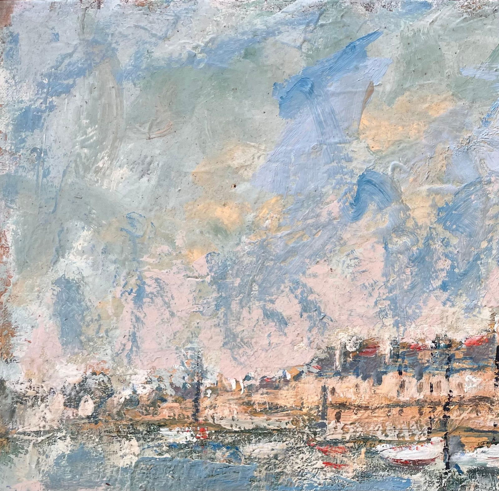 Fanch Lel; French Coastal Oil Painting of Moored Boats and Walled Seaside Town in Pastels - 9