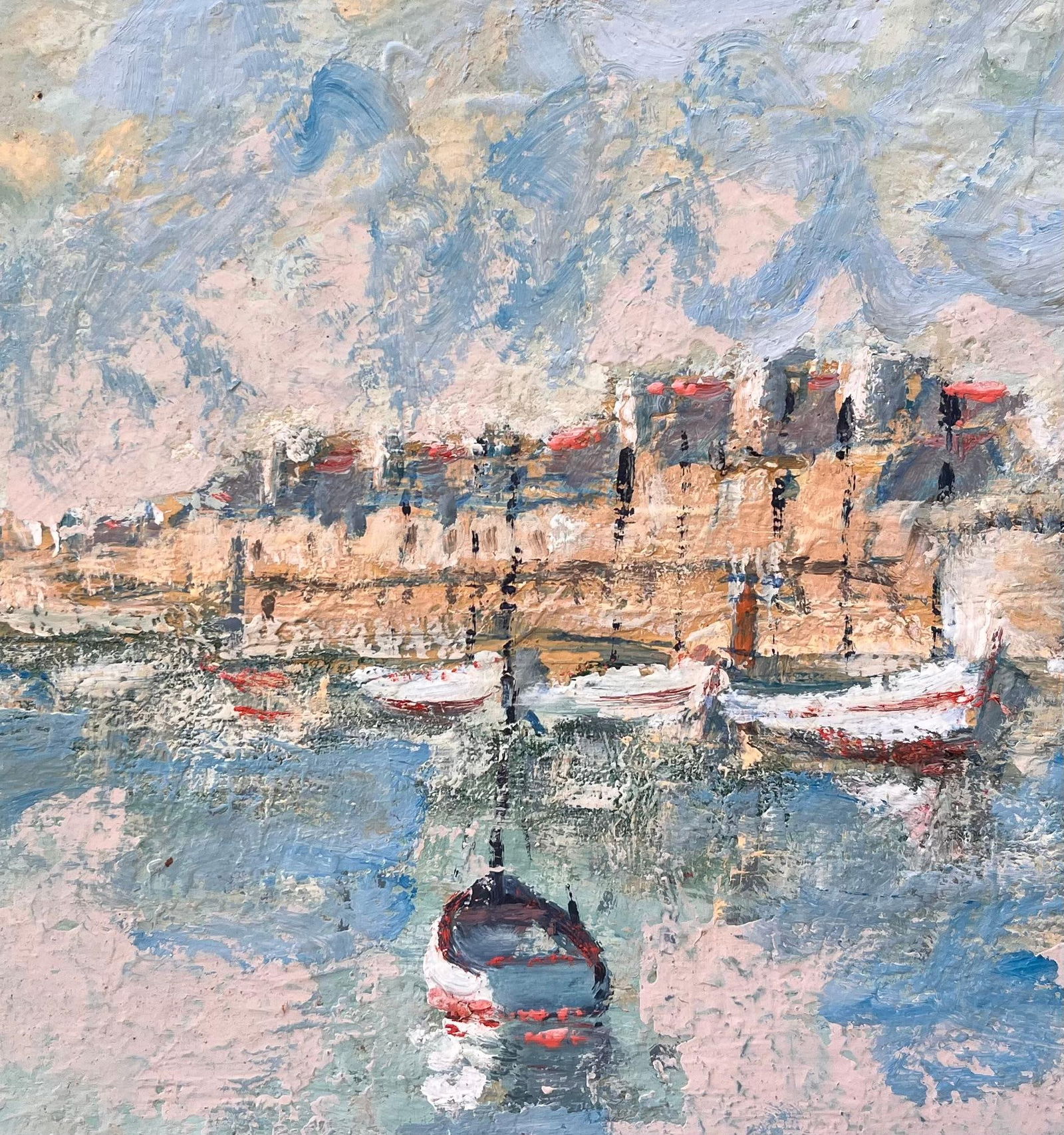 Fanch Lel; French Coastal Oil Painting of Moored Boats and Walled Seaside Town in Pastels - 2