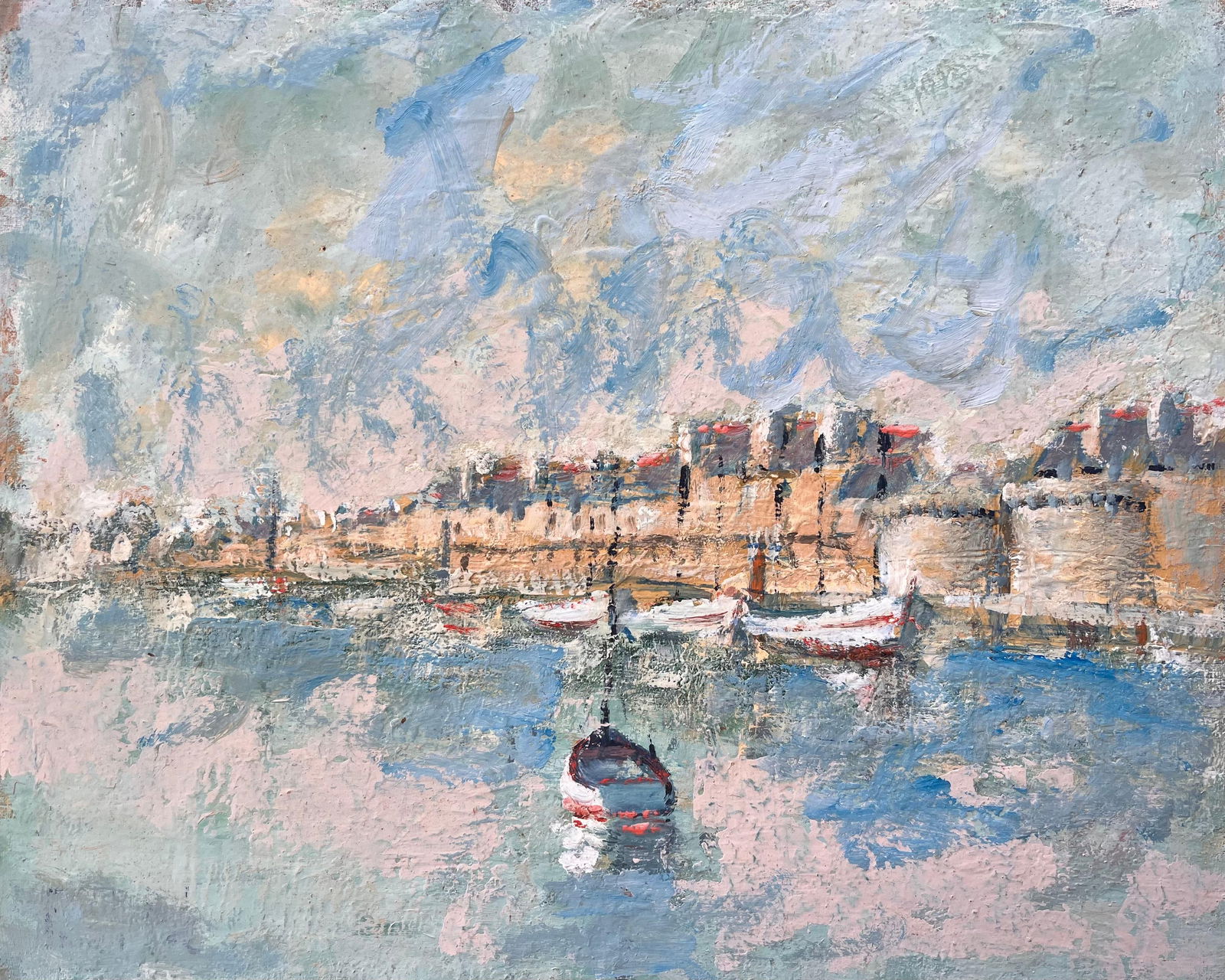 Fanch Lel; French Coastal Oil Painting of Moored Boats and Walled Seaside Town in Pastels - 4