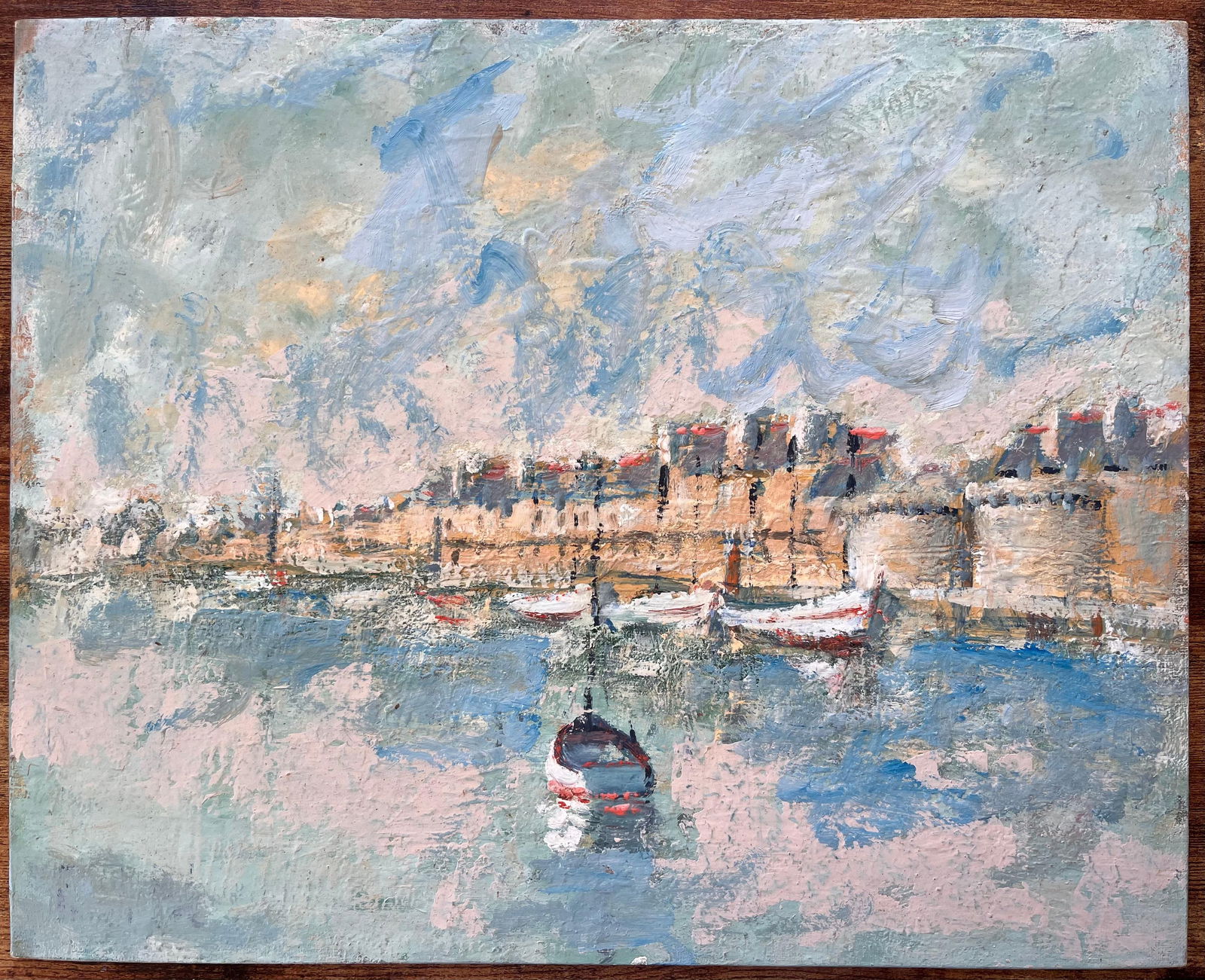 Fanch Lel; French Coastal Oil Painting of Moored Boats and Walled Seaside Town in Pastels - 5