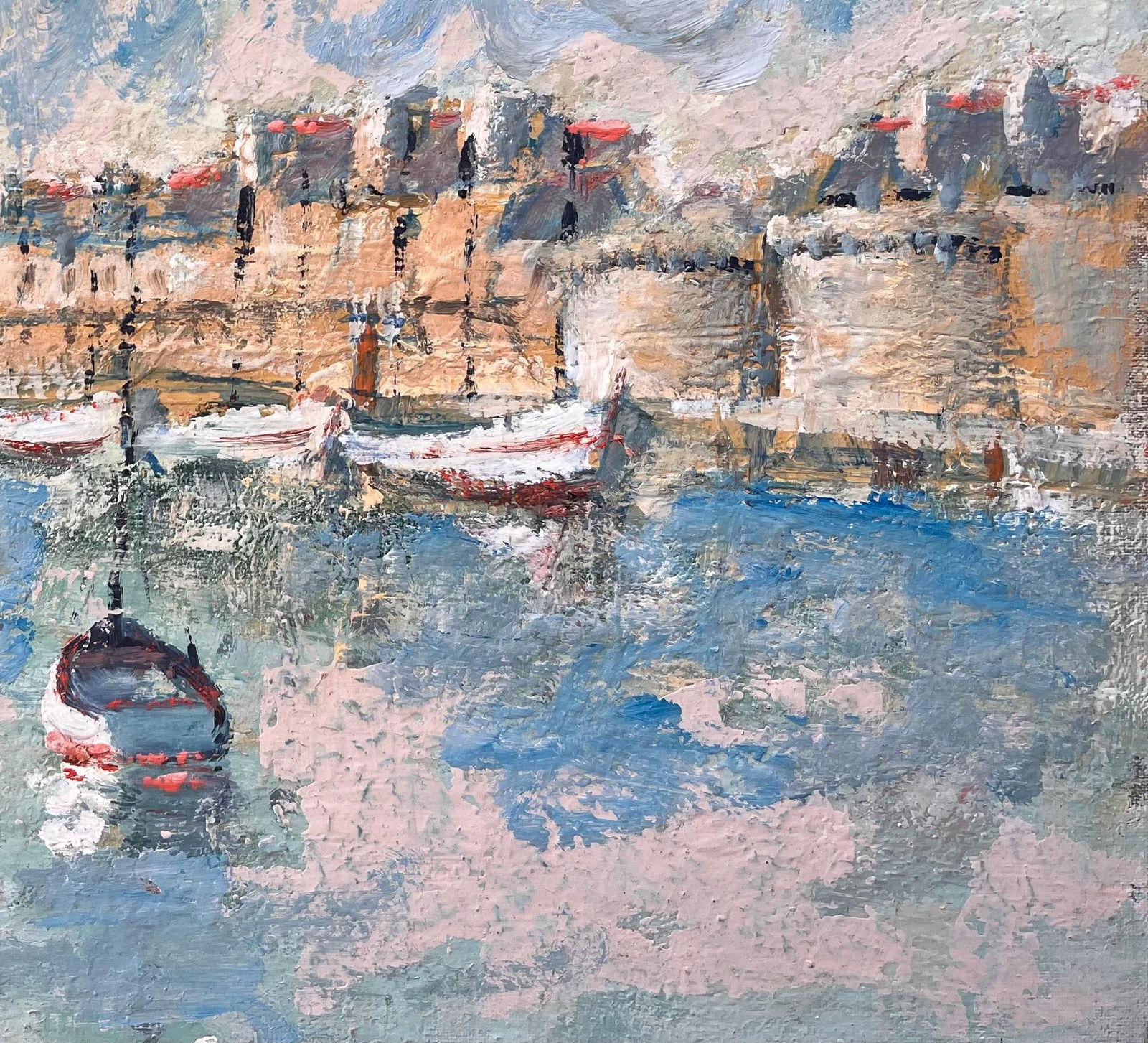 Fanch Lel; French Coastal Oil Painting of Moored Boats and Walled Seaside Town in Pastels - 6