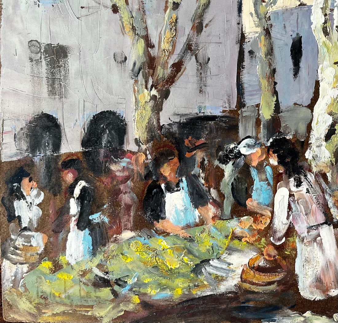 Fanch Lel; French Market Scene Aix en Provence Trees Figures and Flowers 1989 Painting, 1989 - 7