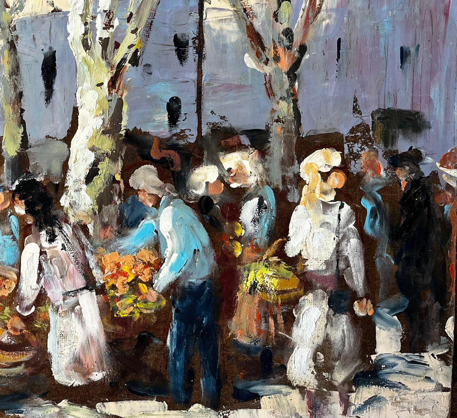 Fanch Lel; French Market Scene Aix en Provence Trees Figures and Flowers 1989 Painting, 1989 - 8