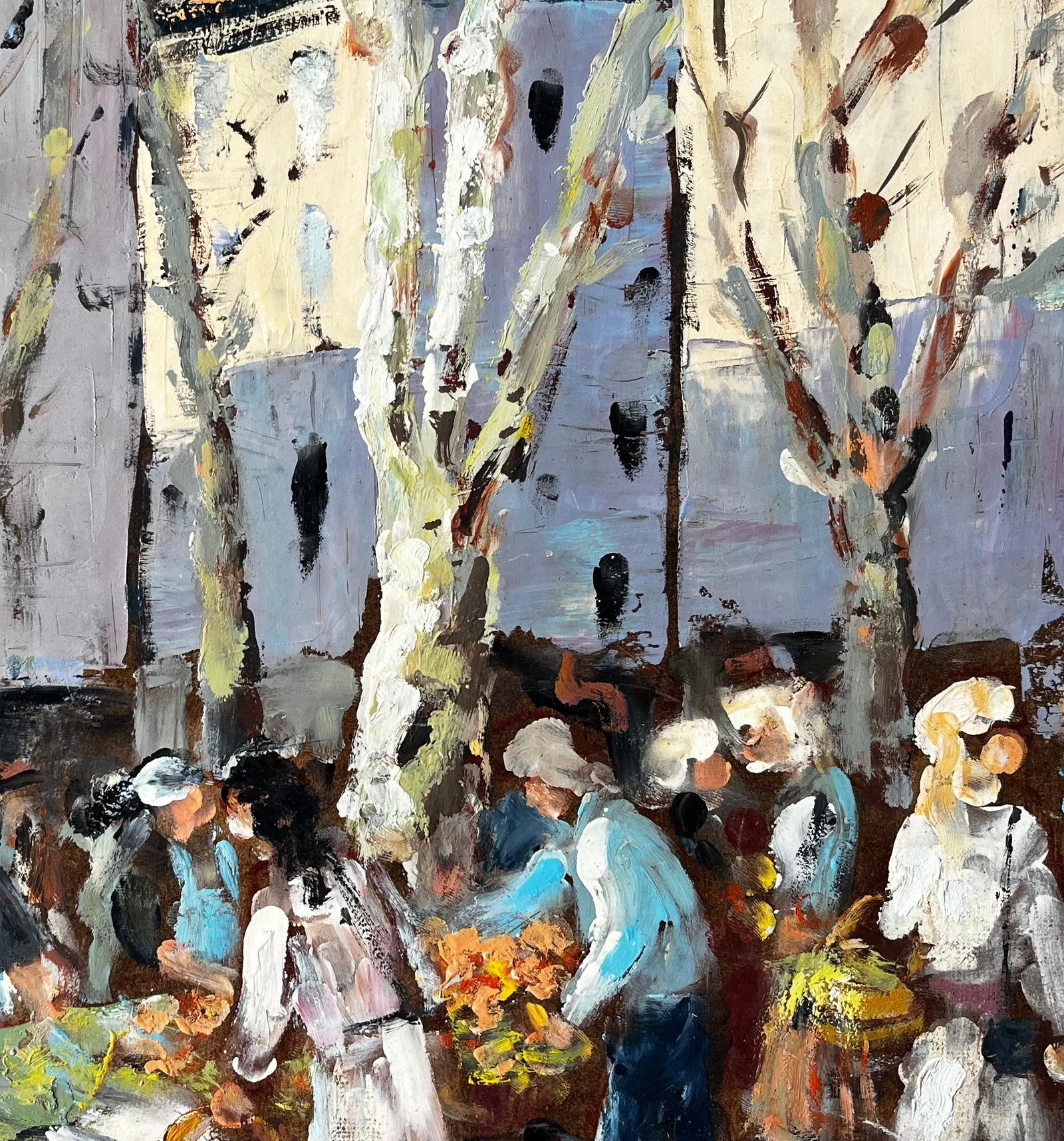 Fanch Lel; French Market Scene Aix en Provence Trees Figures and Flowers 1989 Painting, 1989 - 10