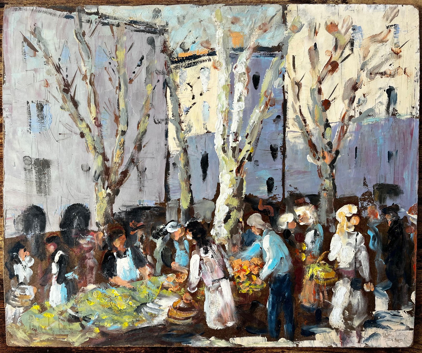 Fanch Lel; French Market Scene Aix en Provence Trees Figures and Flowers 1989 Painting, 1989 - 5