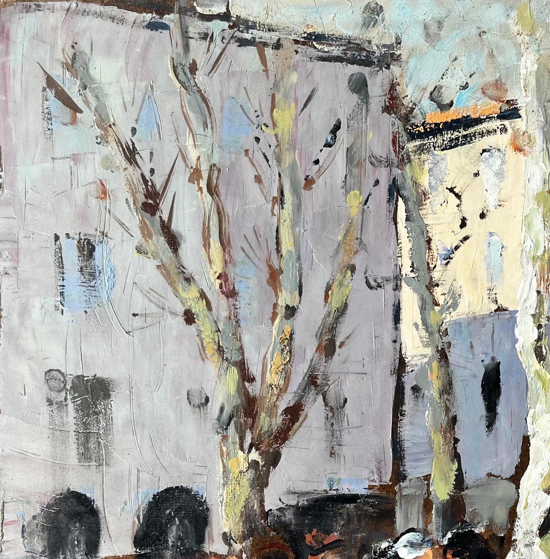 Fanch Lel; French Market Scene Aix en Provence Trees Figures and Flowers 1989 Painting, 1989 - 6