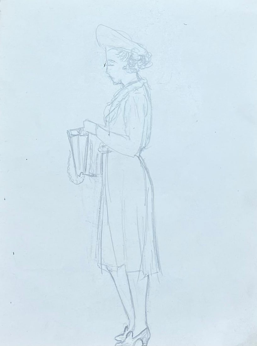 Josine Vignon; Mid Century French Pencil Sketch of A Fashionable Lady in an Elegant Hat, 1942: Title: Josine Vignon; Mid Century French Pencil Sketch of A Fashionable Lady in an Elegant Hat, 1942 Description: Abstract Expressionist Composition signed by Gilbert Pelissier (French born 1924) oil