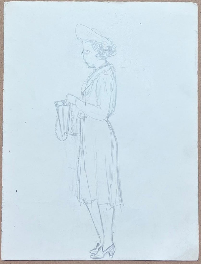 Josine Vignon; Mid Century French Pencil Sketch of A Fashionable Lady in an Elegant Hat, 1942 - 3