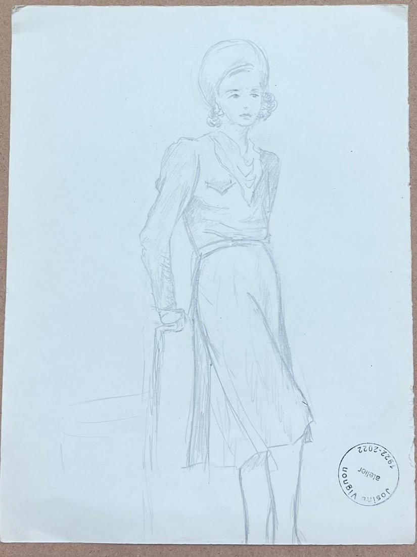 Josine Vignon; Mid Century French Pencil Sketch of A Fashionable Lady in an Elegant Hat, 1942 - 4