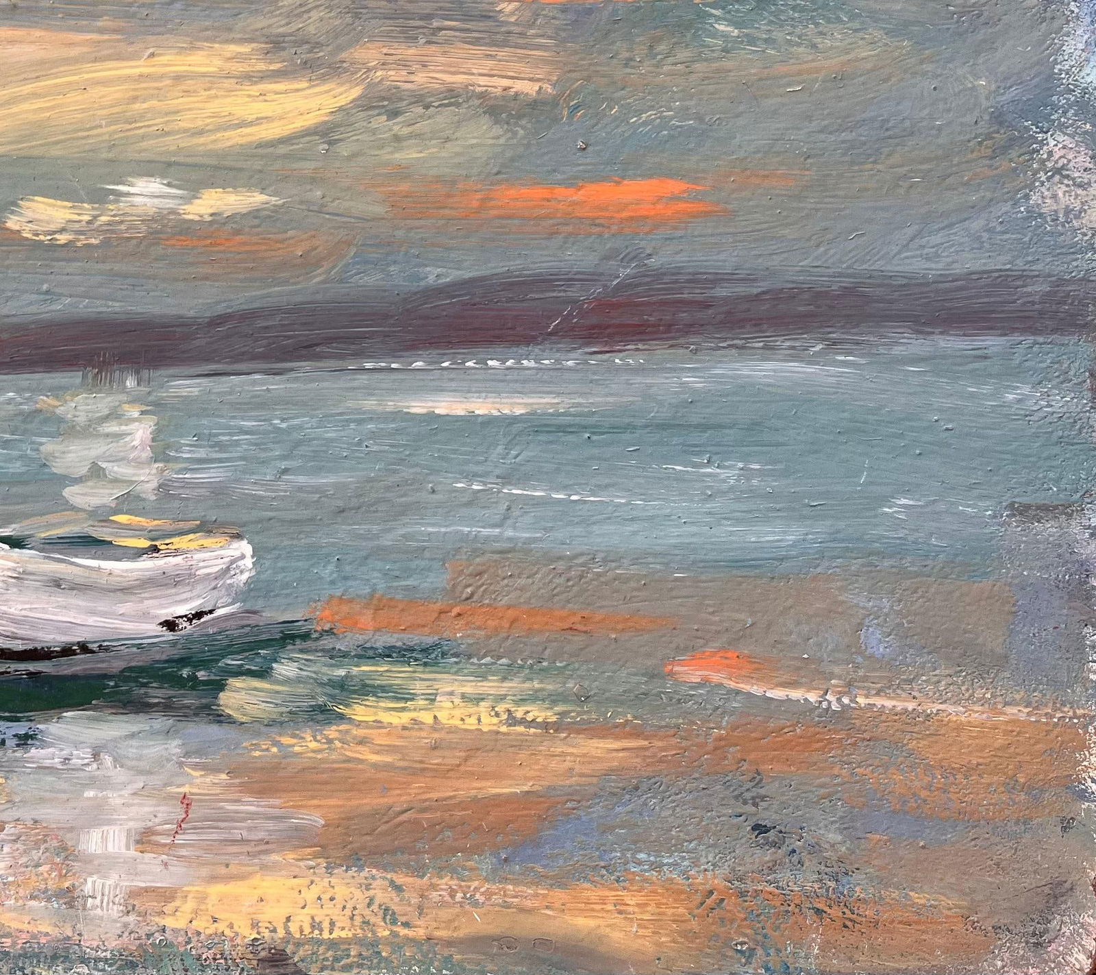 Fanch Lel; French Coastal Oil Painting of Small Rowboat at Sea Under Dramatic Sunset Sky - 7