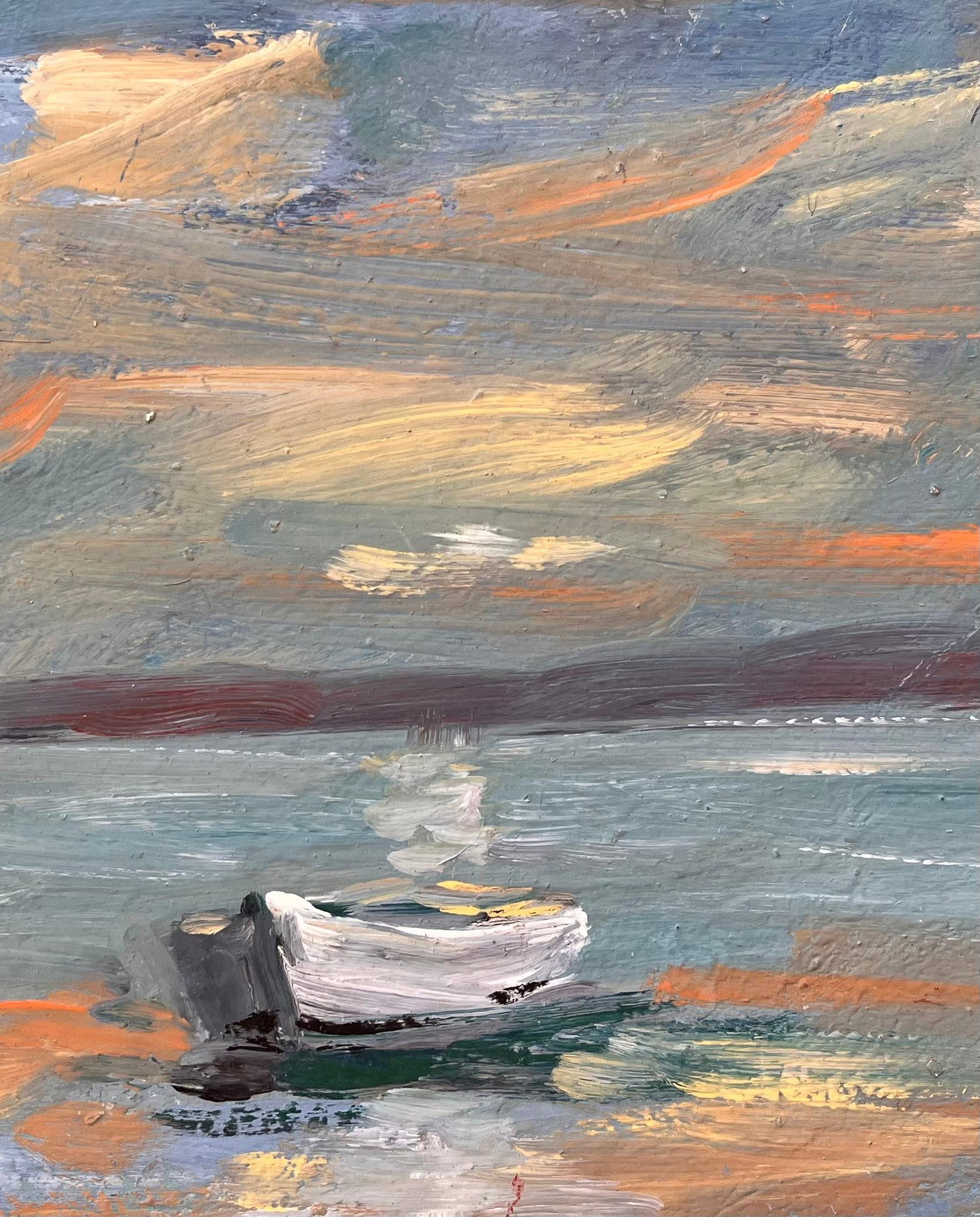 Fanch Lel; French Coastal Oil Painting of Small Rowboat at Sea Under Dramatic Sunset Sky - 10
