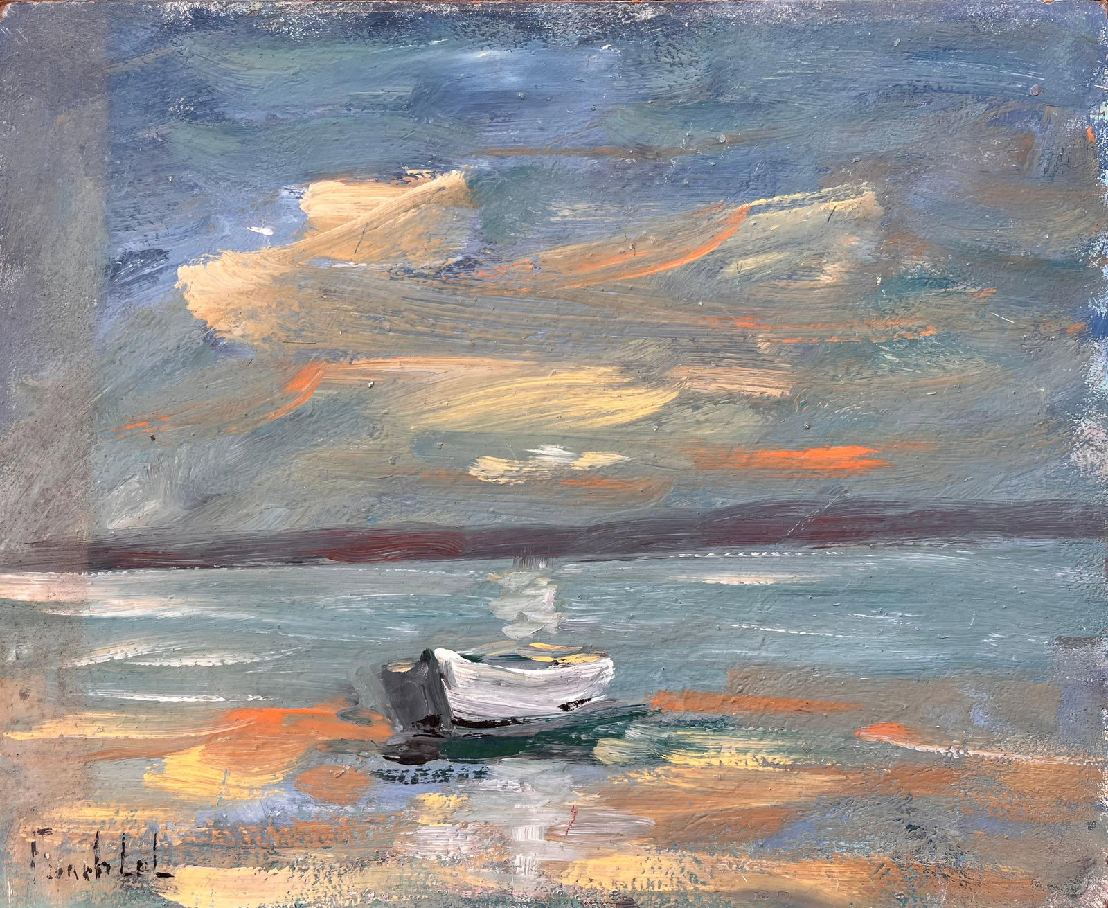Fanch Lel; French Coastal Oil Painting of Small Rowboat at Sea Under Dramatic Sunset Sky - 12