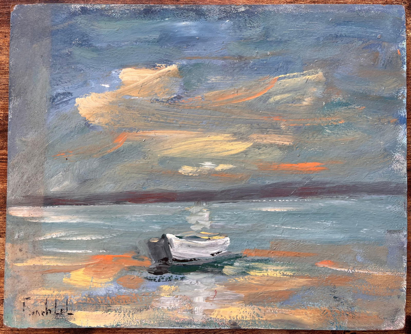 Fanch Lel; French Coastal Oil Painting of Small Rowboat at Sea Under Dramatic Sunset Sky - 13