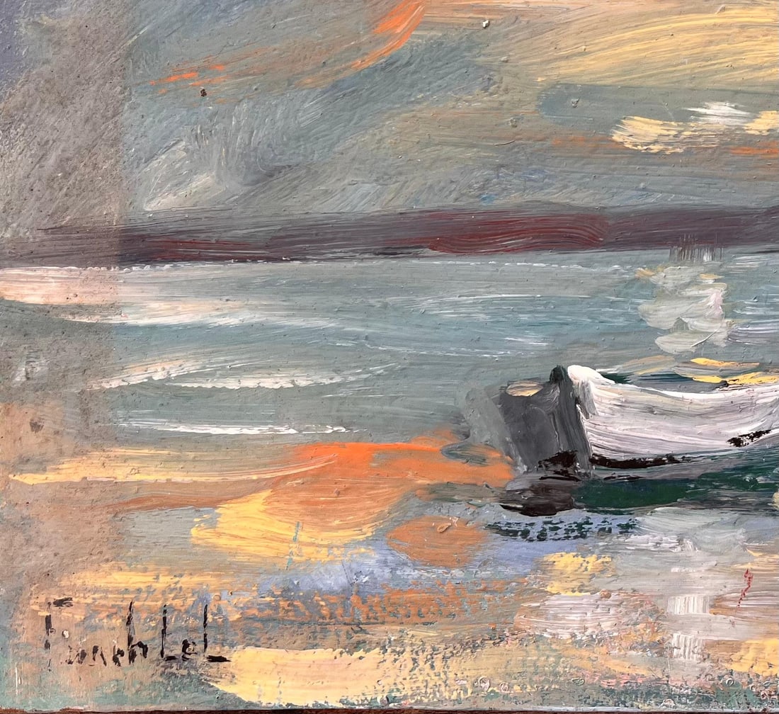Fanch Lel; French Coastal Oil Painting of Small Rowboat at Sea Under Dramatic Sunset Sky - 6