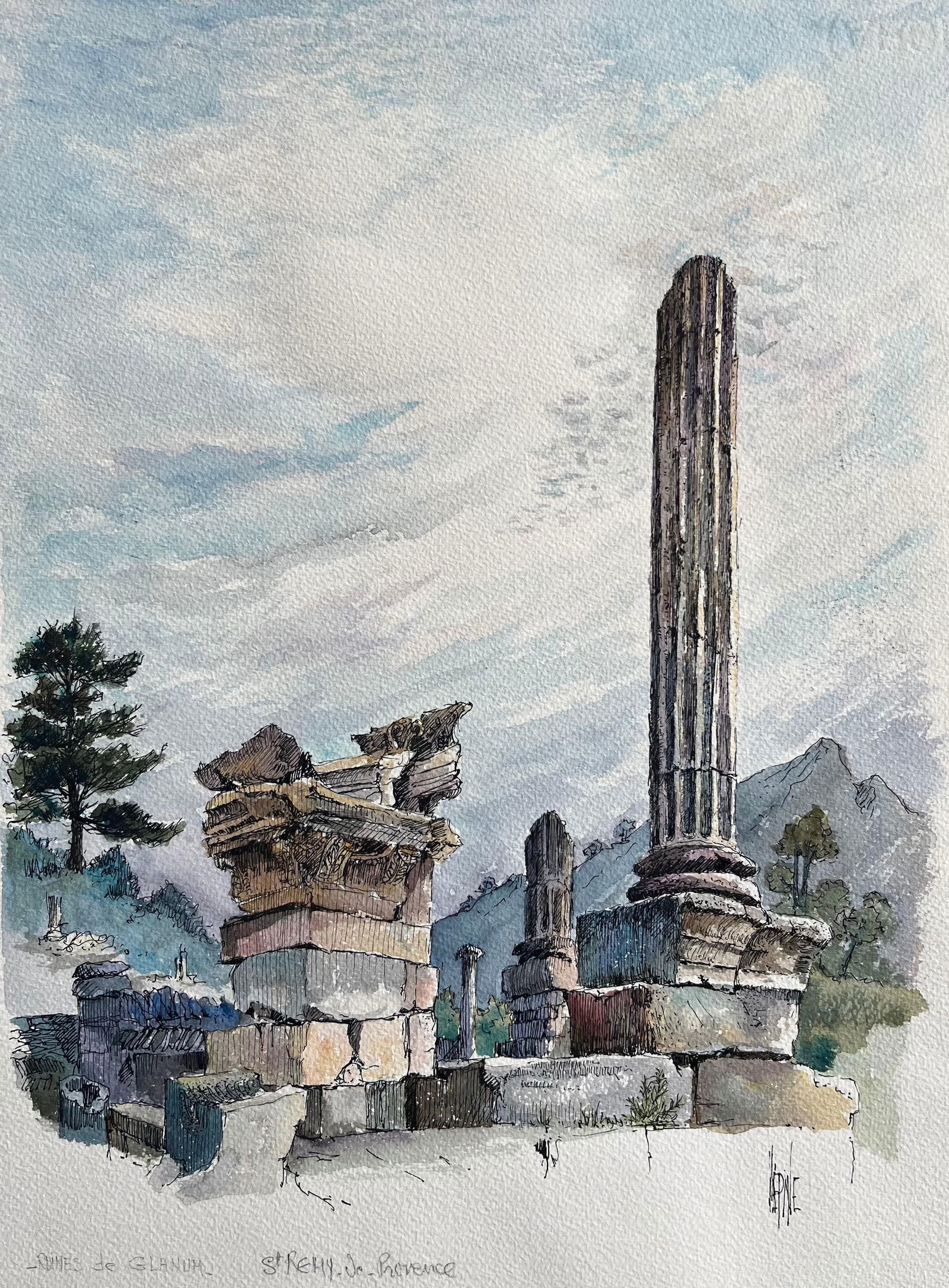 Robert Lepine (1929 - 2017); French Watercolor of Ruins of Glanum in Saint-Rémy-de-Provence, - 15