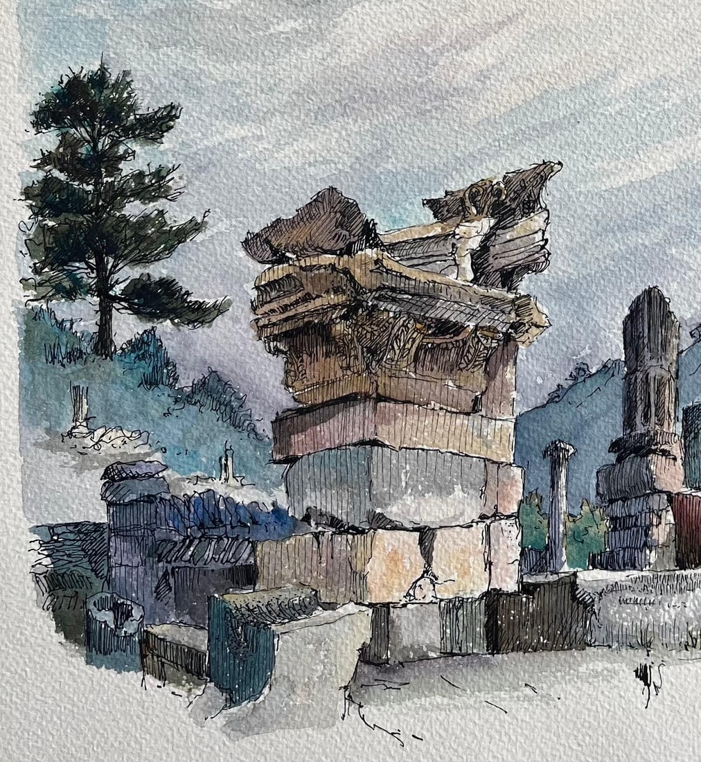 Robert Lepine (1929 - 2017); French Watercolor of Ruins of Glanum in Saint-Rémy-de-Provence, - 17