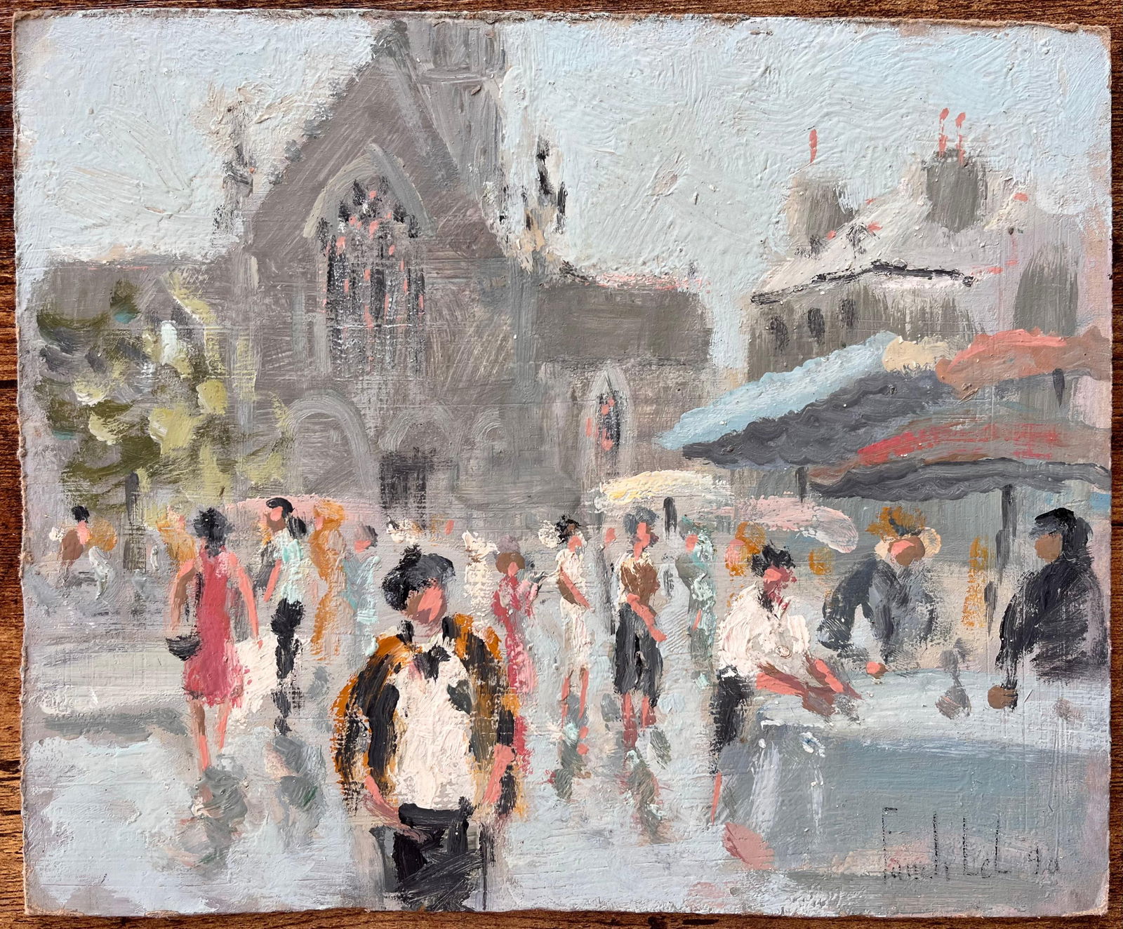 Fanch Lel; French Impressionist Market Scene at Dinan with Church and Figures, 1998 - 16