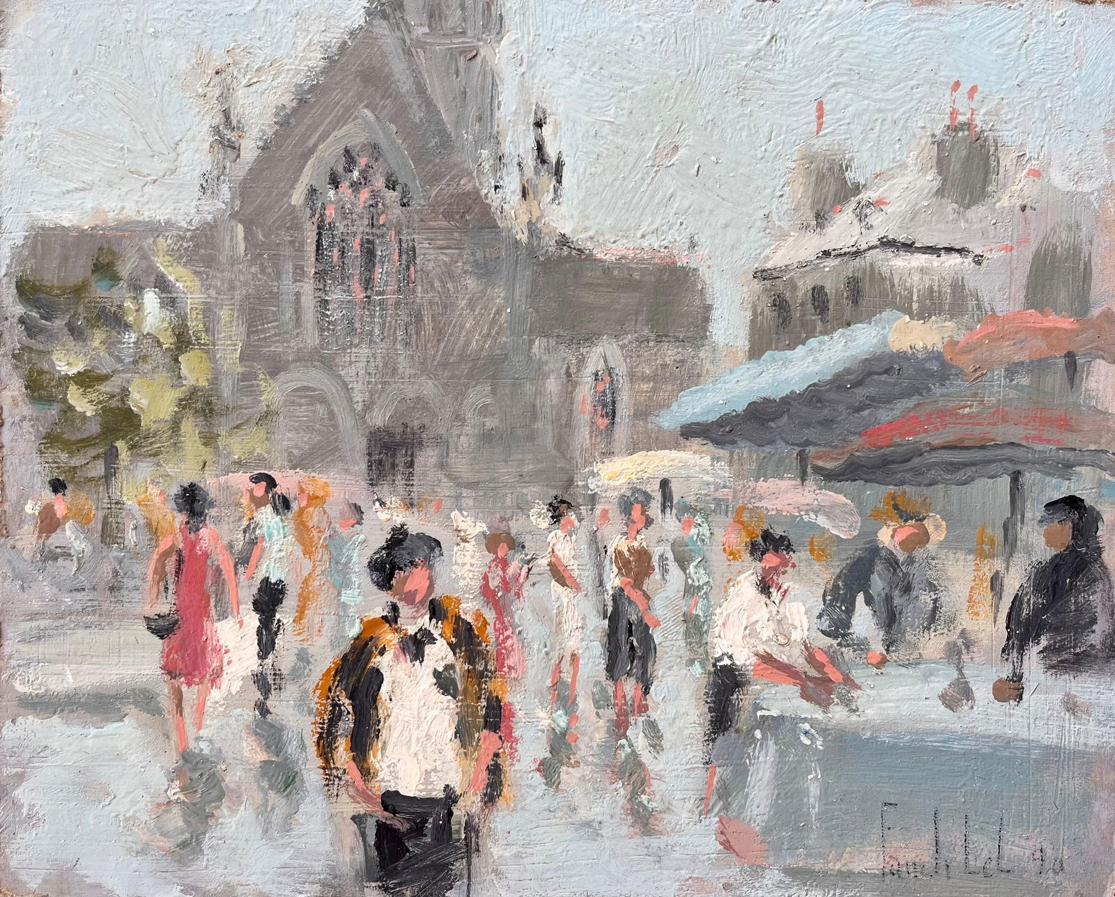 Fanch Lel; French Impressionist Market Scene at Dinan with Church and Figures, 1998 (1 of 20)