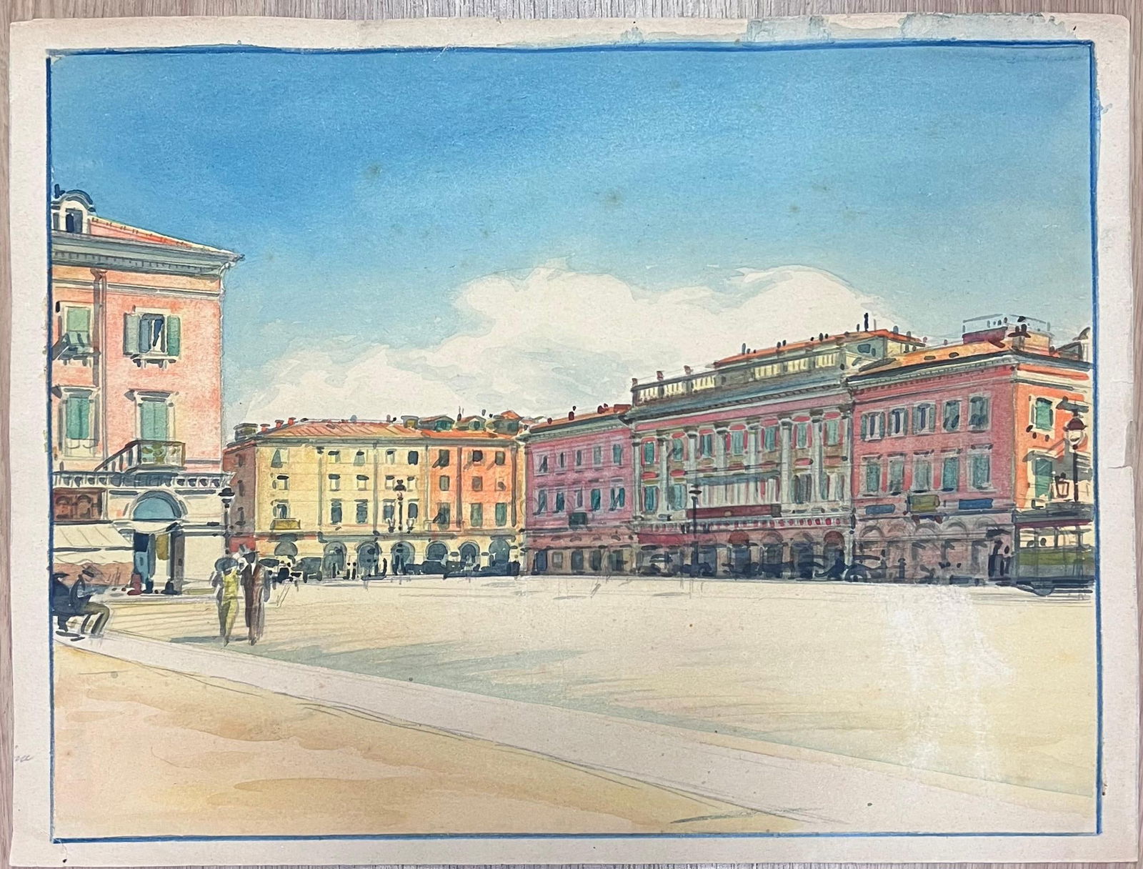 Tony Minartz ; Quiet Sunlit Grand Plaza Square in Nice France Vintage French Watercolour - 5