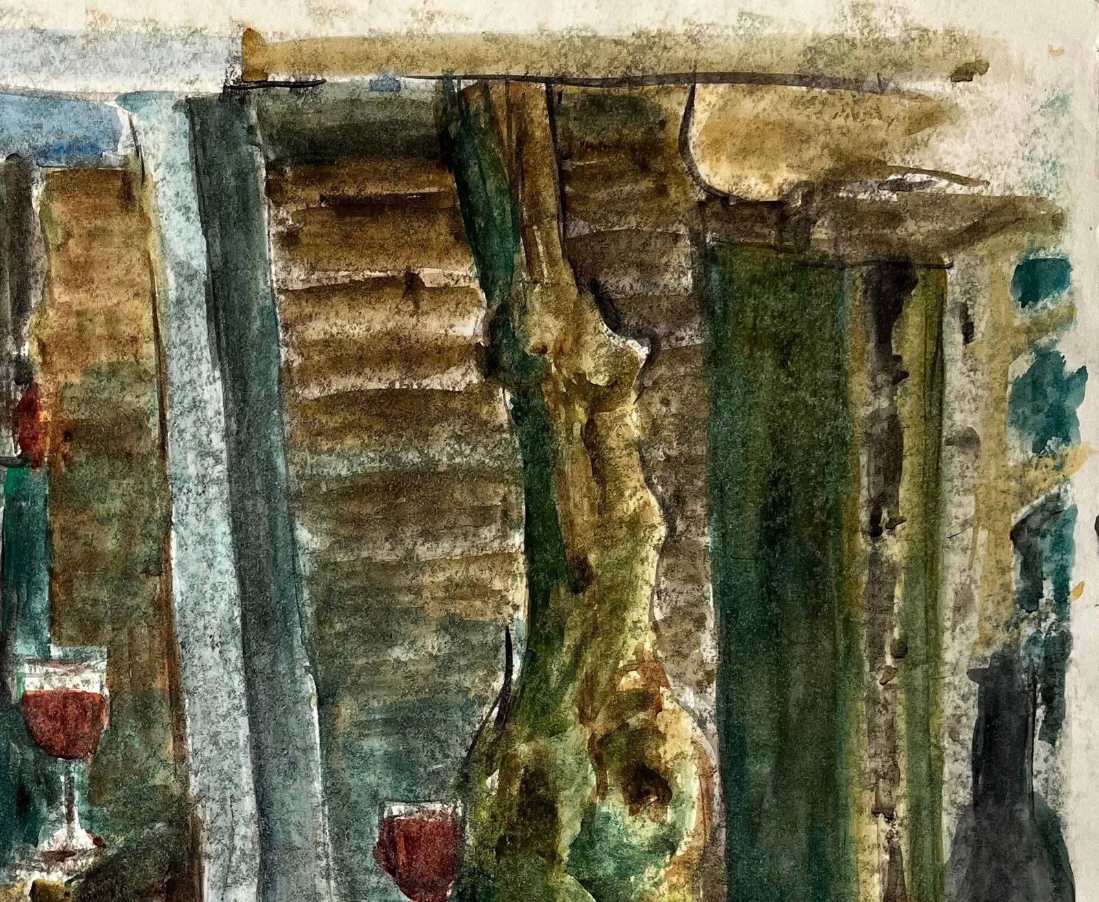 Guy Nicod; Wine Bottles Wooden Crate And Red Wine Glasses French Still Life Watercolour - 9