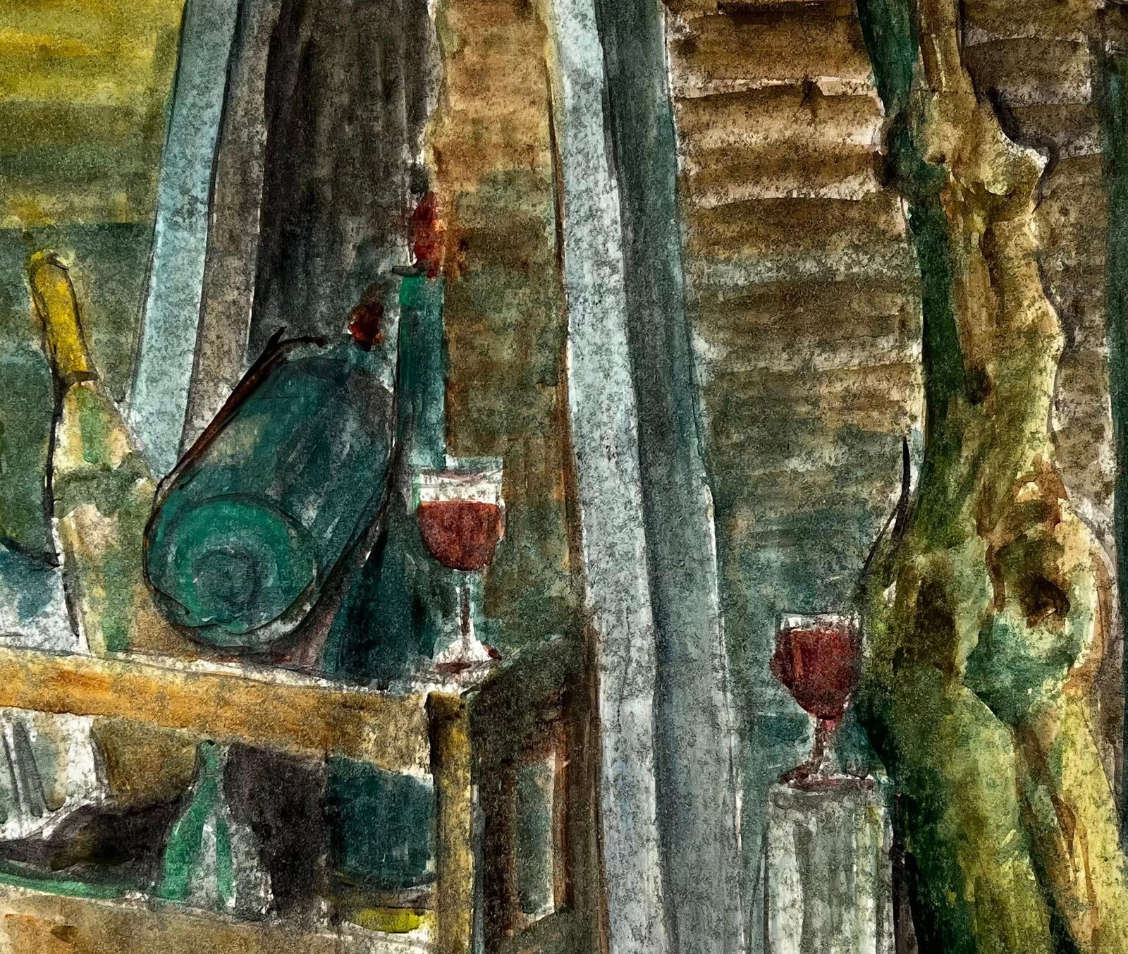 Guy Nicod; Wine Bottles Wooden Crate And Red Wine Glasses French Still Life Watercolour - 10