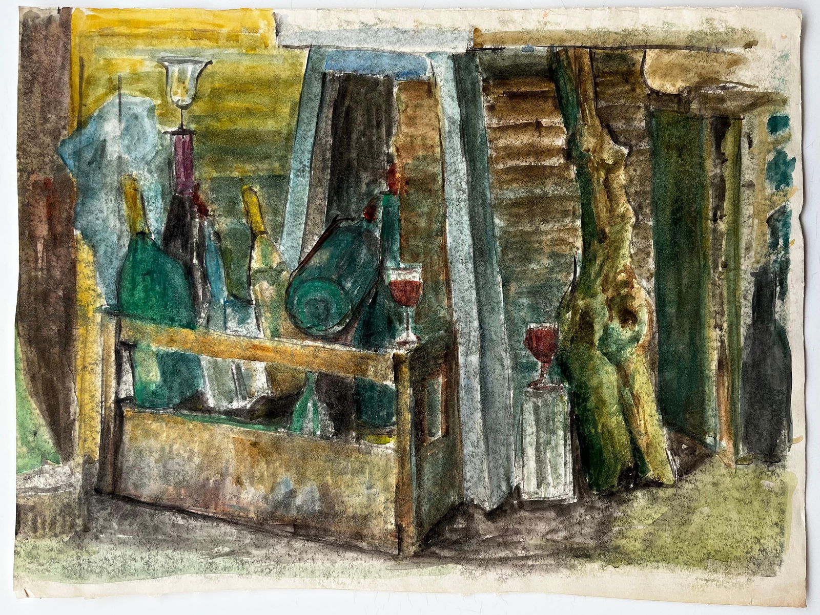Guy Nicod; Wine Bottles Wooden Crate And Red Wine Glasses French Still Life Watercolour - 5