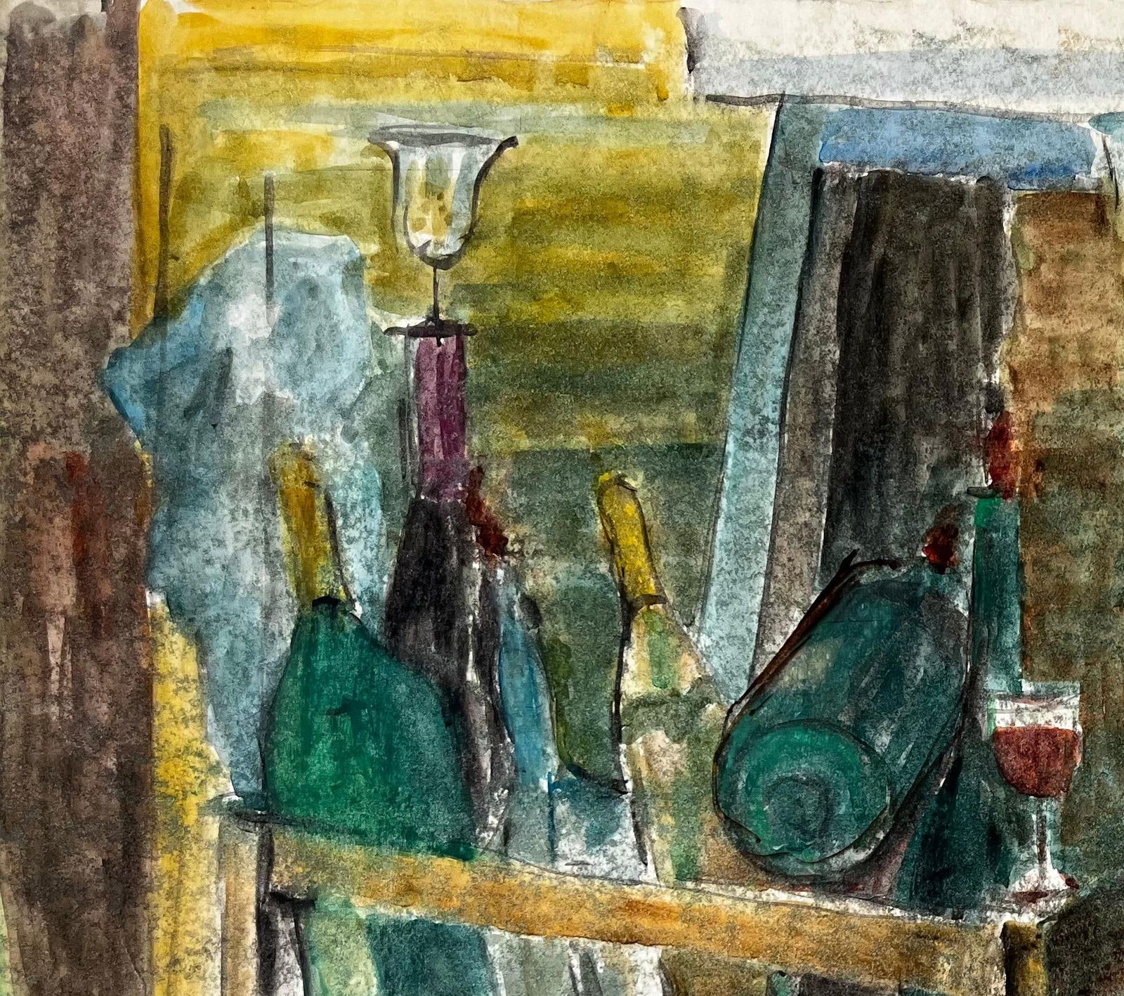 Guy Nicod; Wine Bottles Wooden Crate And Red Wine Glasses French Still Life Watercolour - 6