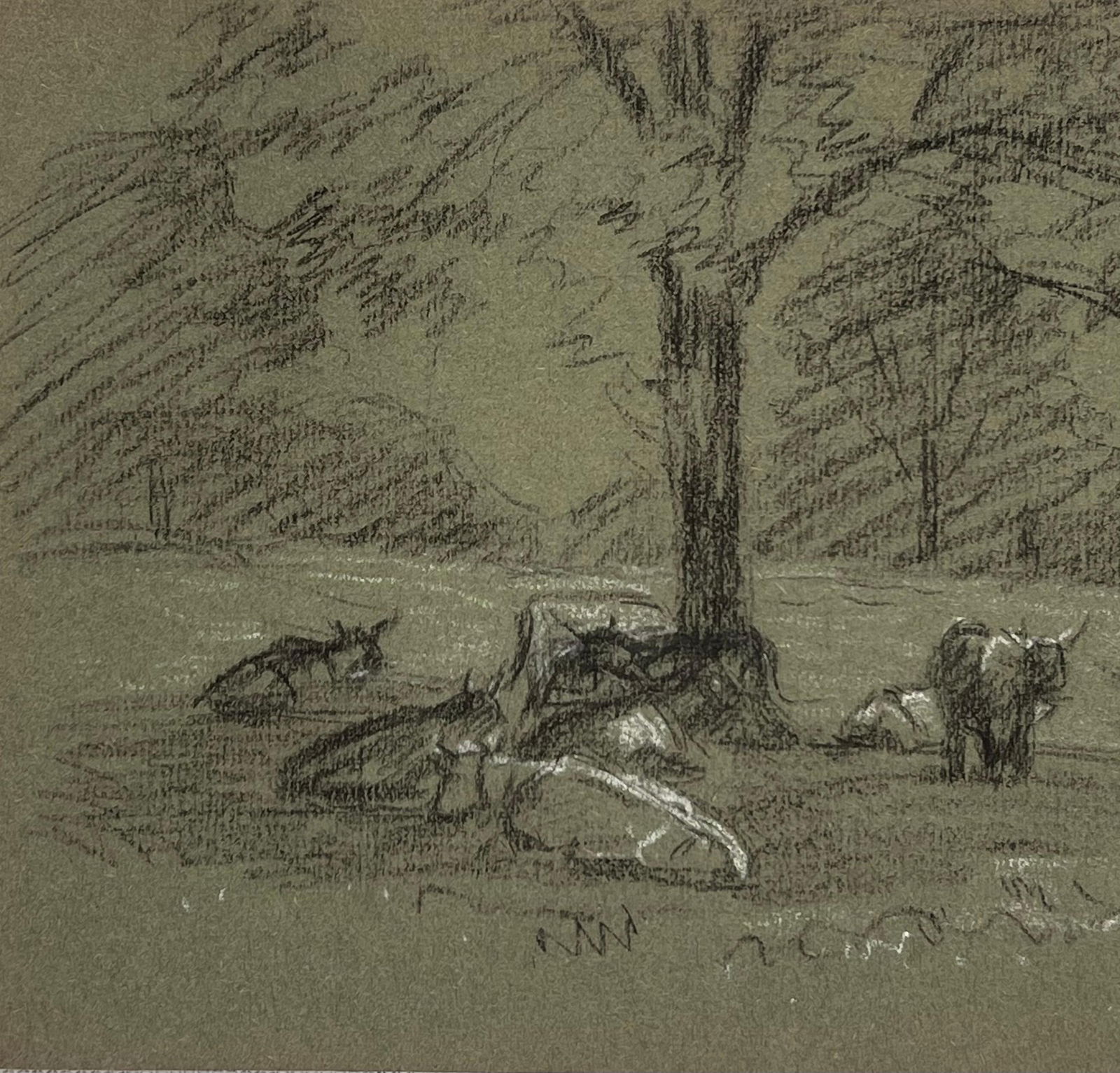 John Rabone Harvey; British Chalk Pencil Sketch of Cows Resting In the Meadow, 1966 - 4