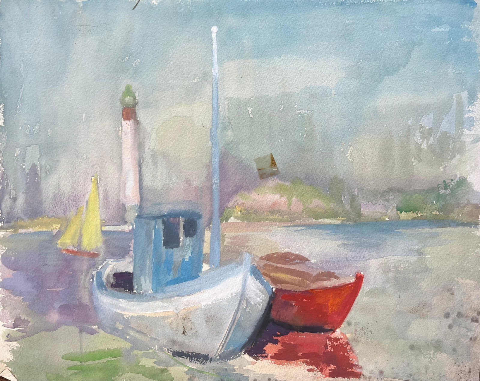 Anne Marie Migette Perard; Mid-Century French Watercolour of Fishing Boats and Lighthouse on a Quiet - 4