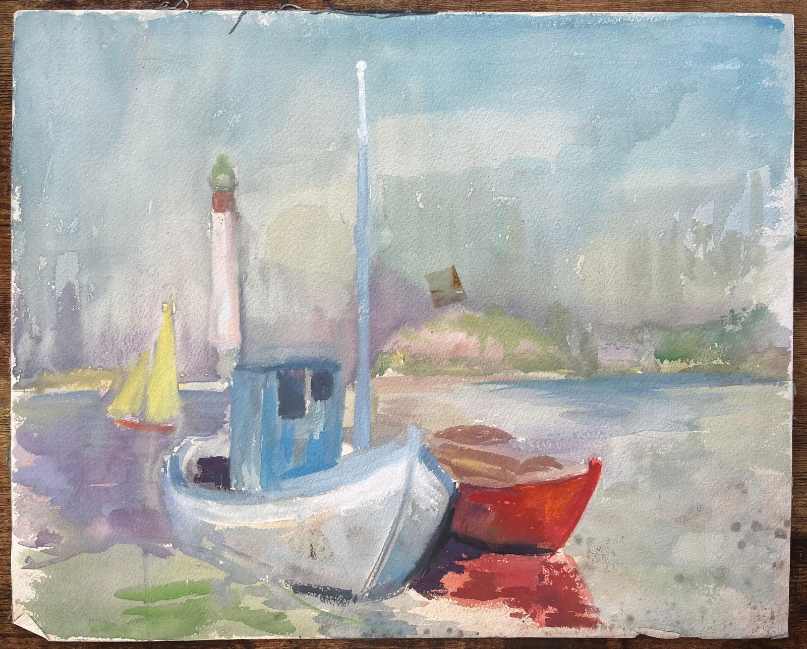 Anne Marie Migette Perard; Mid-Century French Watercolour of Fishing Boats and Lighthouse on a Quiet - 5