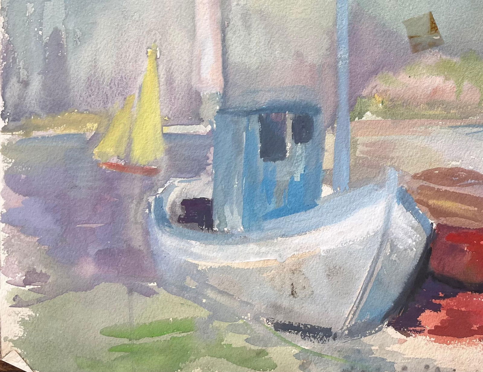 Anne Marie Migette Perard; Mid-Century French Watercolour of Fishing Boats and Lighthouse on a Quiet - 6