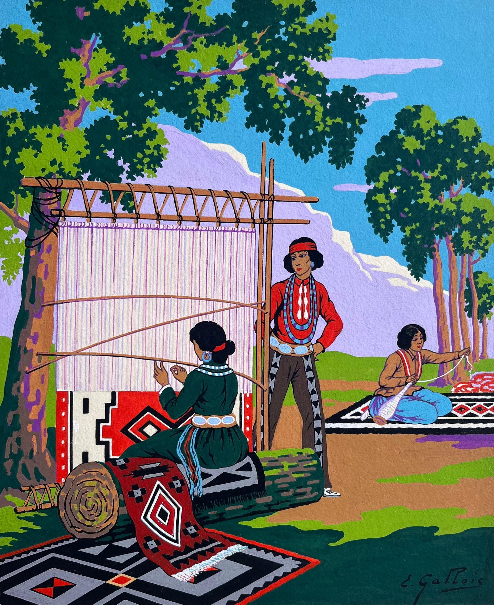 Emile GALLOIS (1882-1965); French Gouache Painting of Navajo Weavers in Canyon de Chelly Arizona - 11