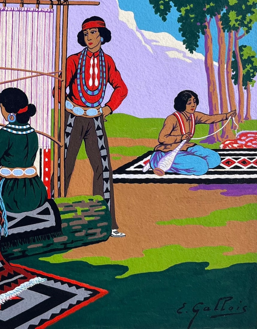 Emile GALLOIS (1882-1965); French Gouache Painting of Navajo Weavers in Canyon de Chelly Arizona - 14