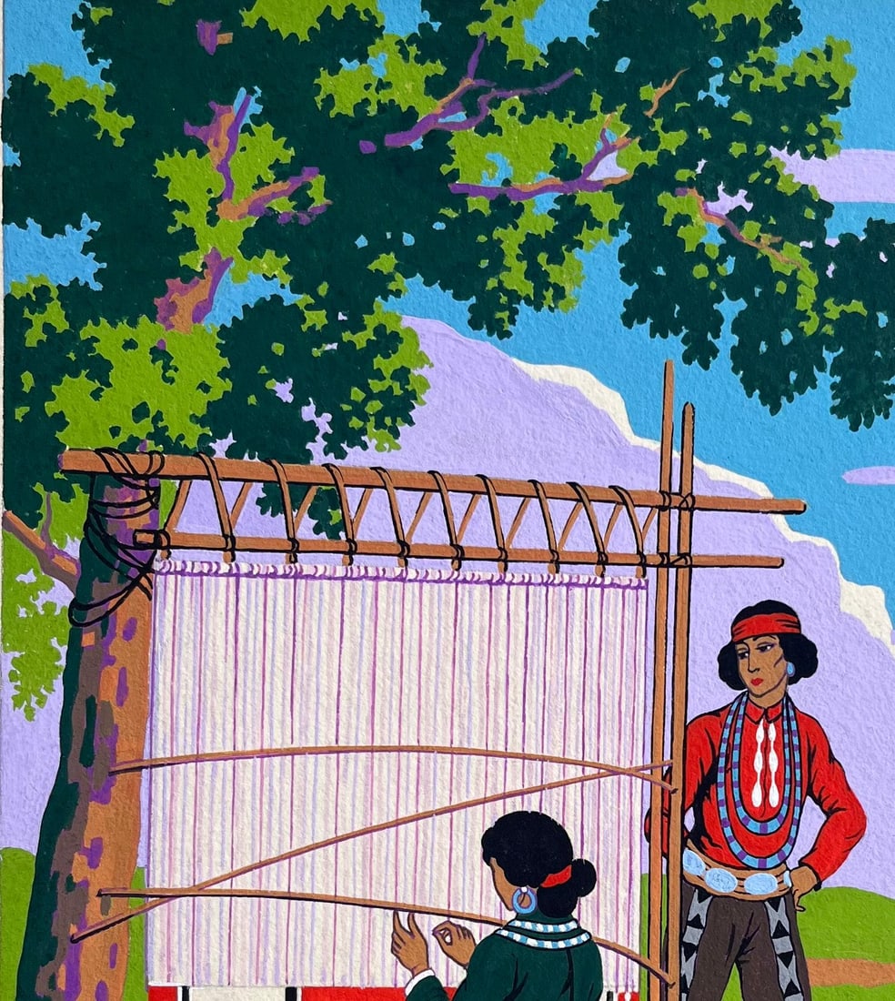 Emile GALLOIS (1882-1965); French Gouache Painting of Navajo Weavers in Canyon de Chelly Arizona - 2