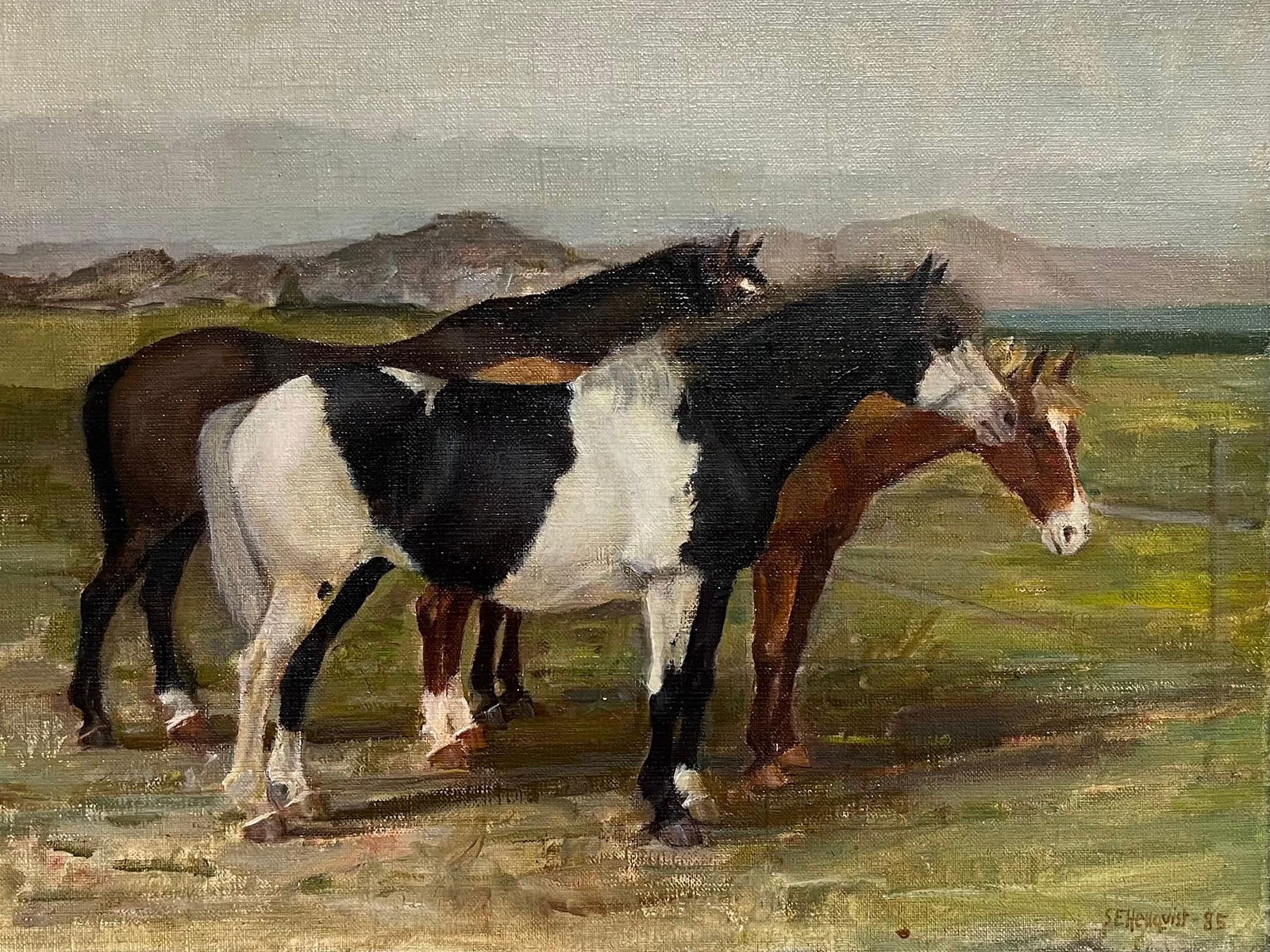 Sven Erik Hellqvist (1916-1997); Three Horses in the Green Grass Meadow Large 20th Century Oil - 5