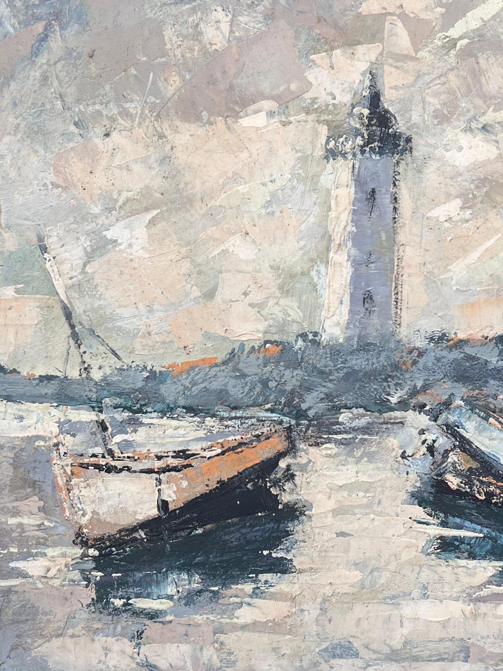 Fanch Lel; Boats Docked In The Grey Early Morning Harbour French Oil Painting - 7
