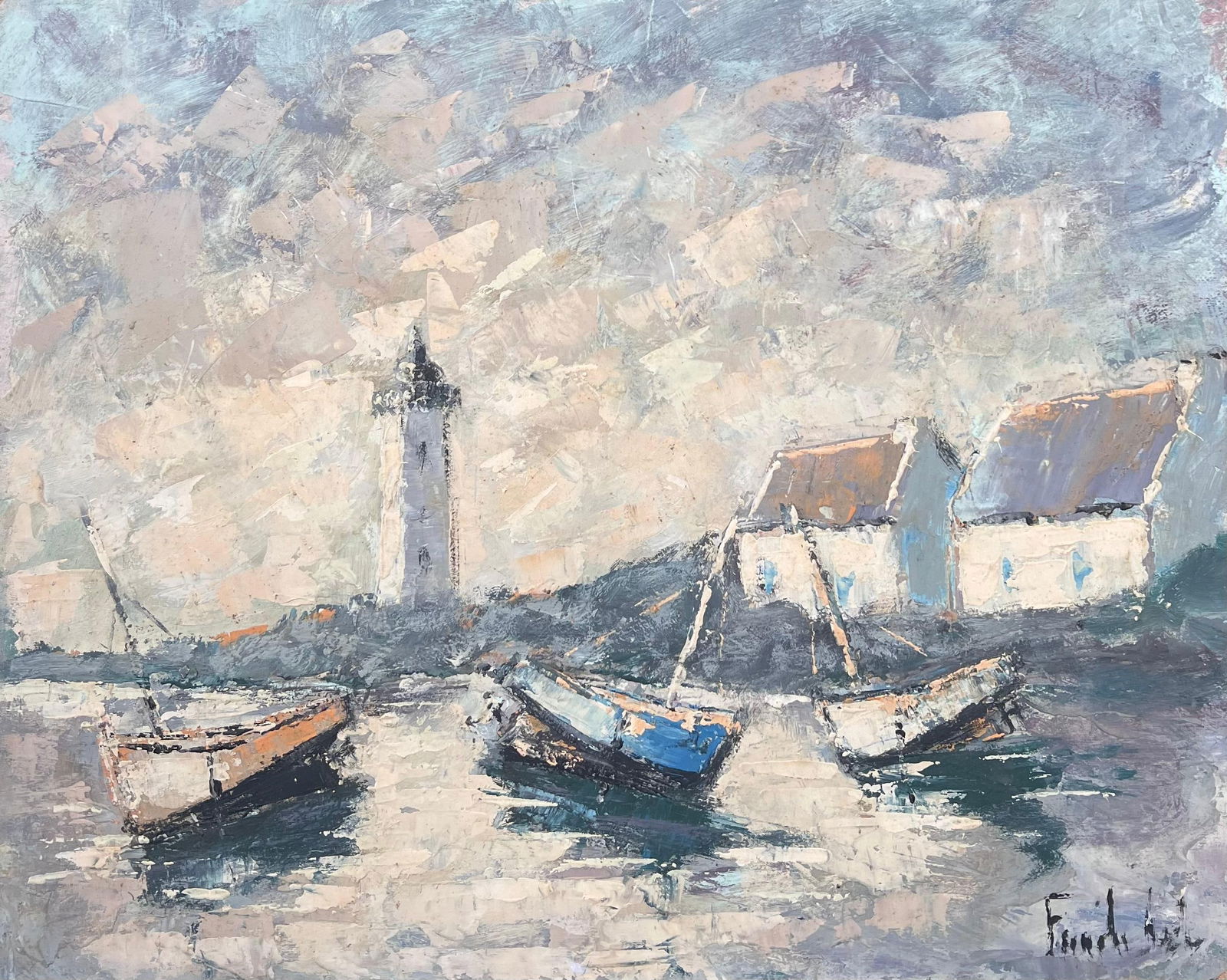 Fanch Lel; Boats Docked In The Grey Early Morning Harbour French Oil Painting - 10