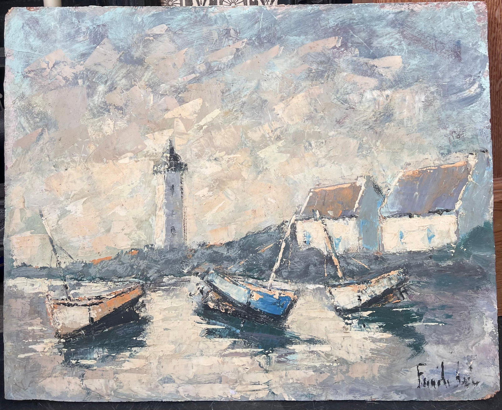 Fanch Lel; Boats Docked In The Grey Early Morning Harbour French Oil Painting - 11