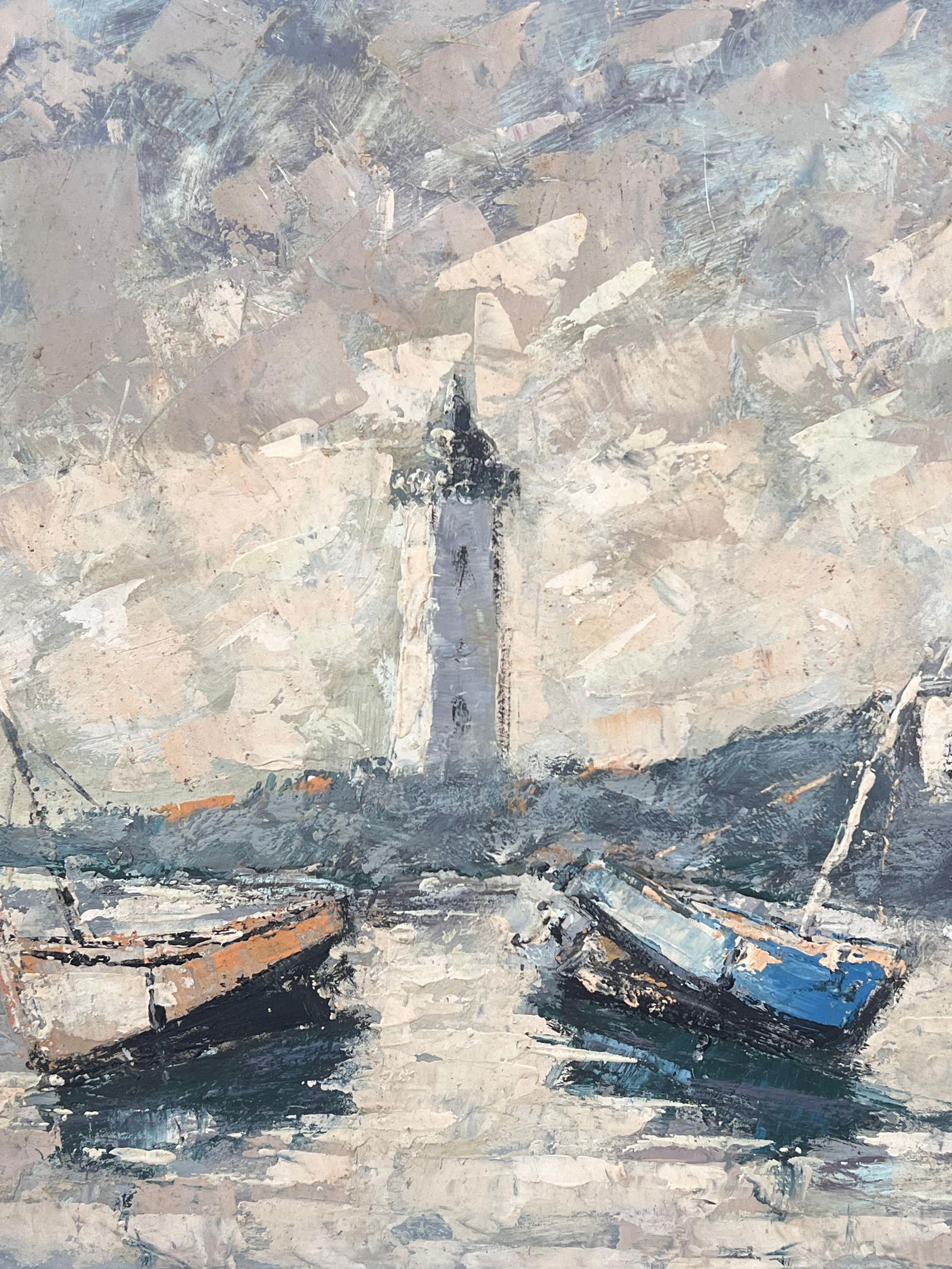 Fanch Lel; Boats Docked In The Grey Early Morning Harbour French Oil Painting - 2